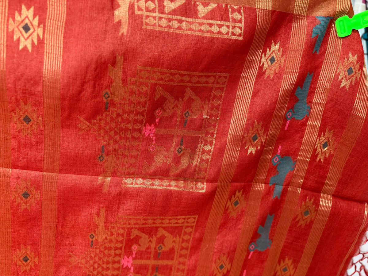 Meghana: Premiun Tusser silk Saree_Red Bird motif