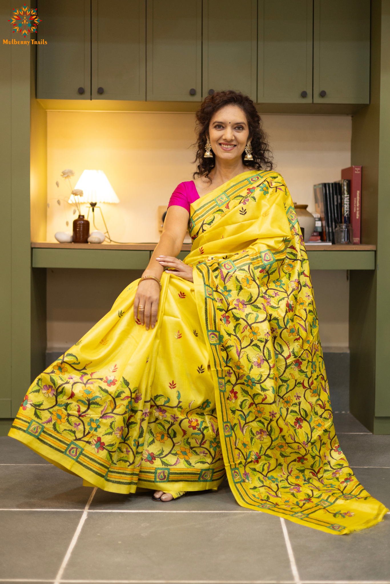 Rima - Tusser silk saree with kantha embroidery yellow