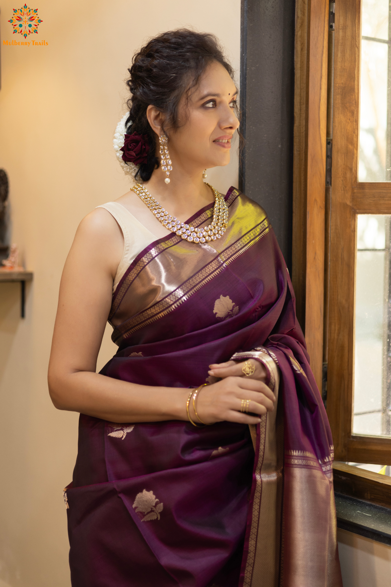 Bishnupadi: Pure Silk Rose design Swarnachari_ Wine