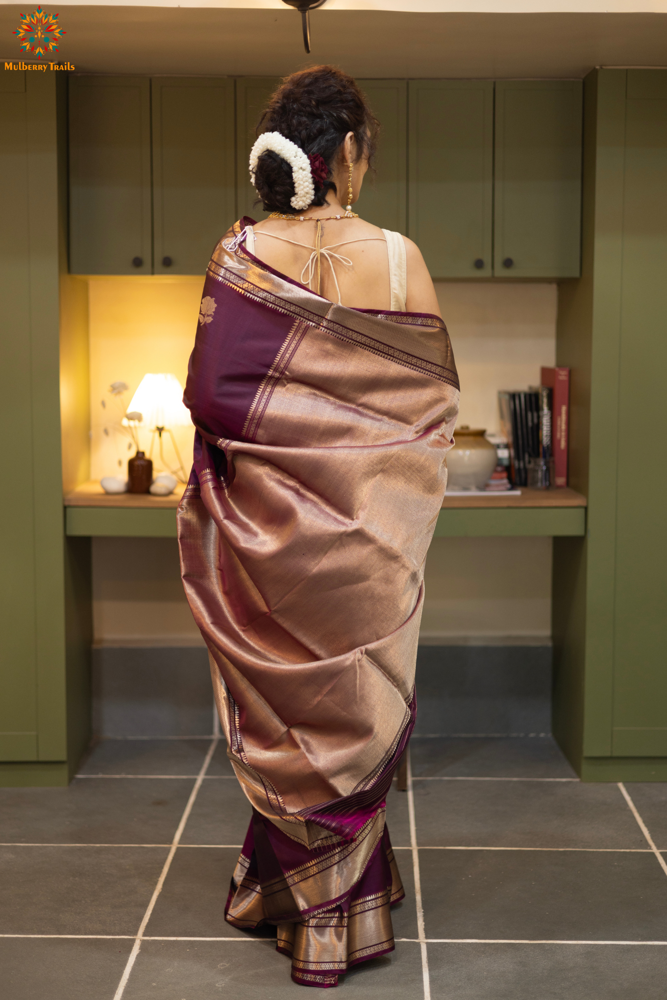 Bishnupadi: Pure Silk Rose design Swarnachari_ Wine