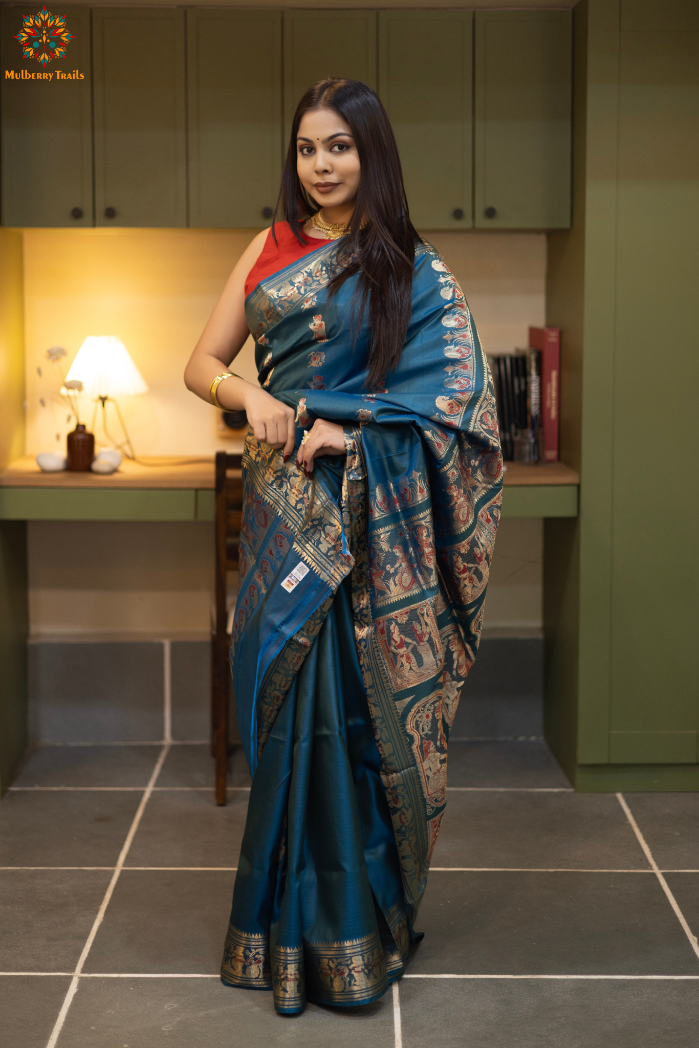 Bishnupadi: Pure Silk Swarnachari Baluchari_Peacock Blue