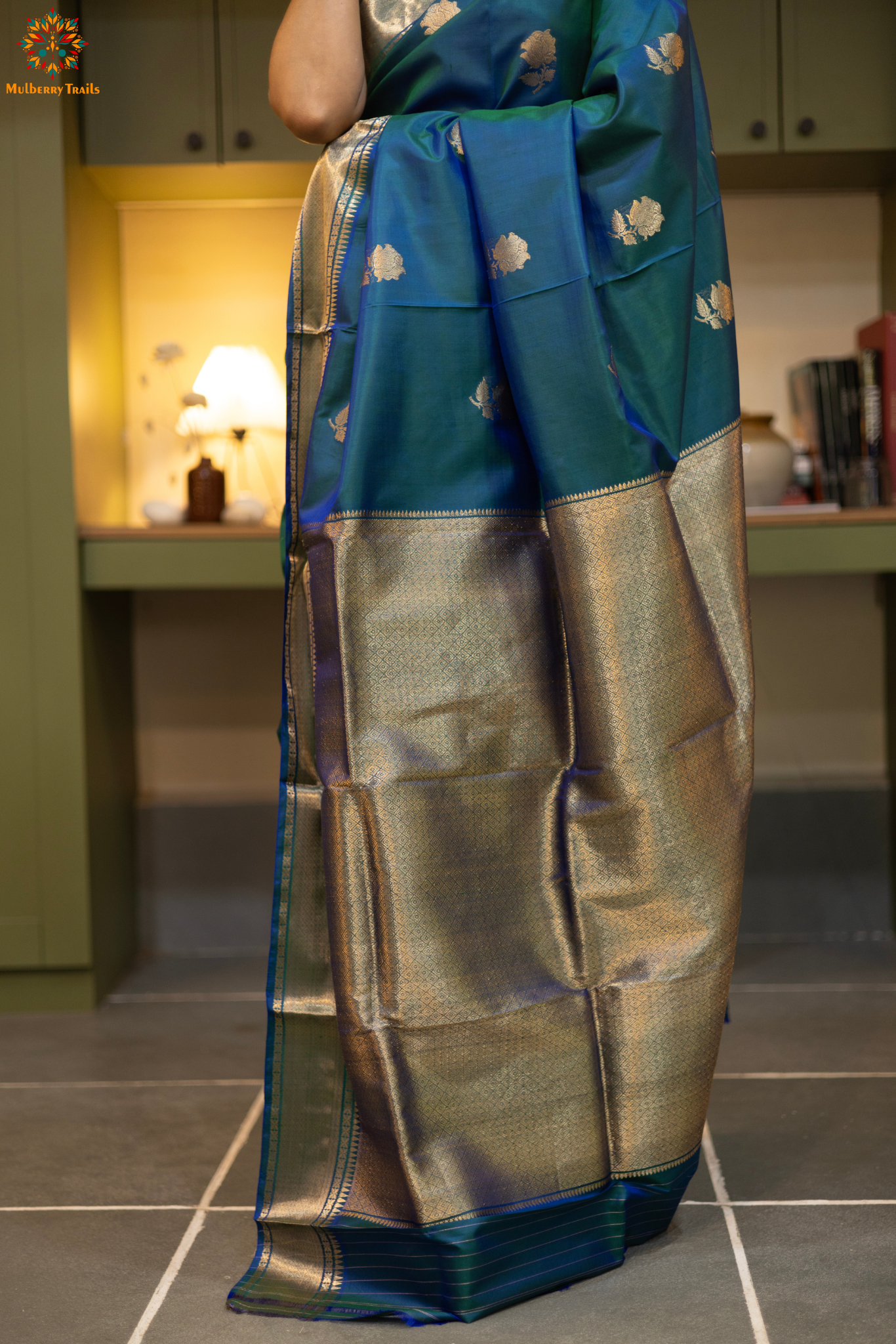 Bishnupadi: Pure Silk Rose design Swarnachari_ Peacock Blue