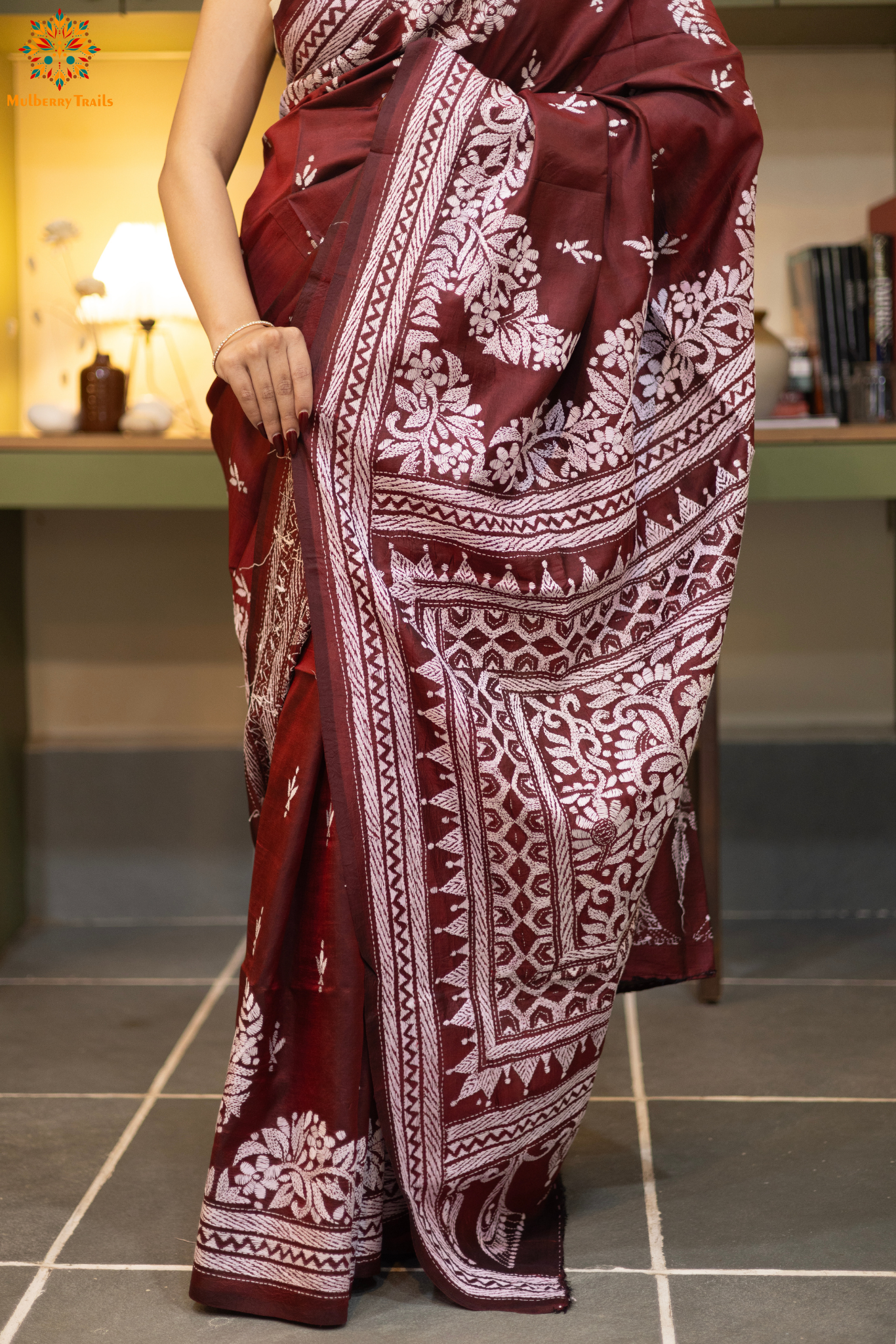 Rima - Maroon Paisley Silk Saree with kantha Embroidery