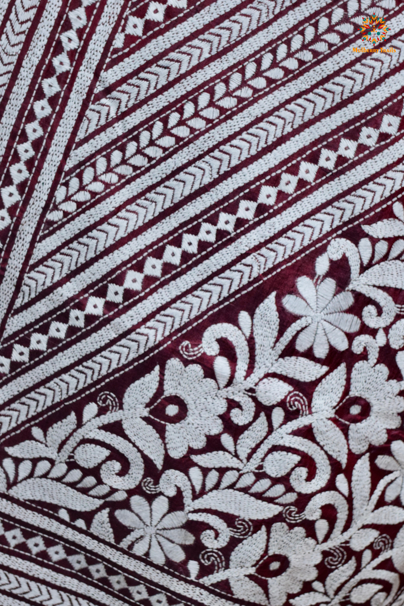 Rima - Maroon Silk Saree with Kantha Embroidery