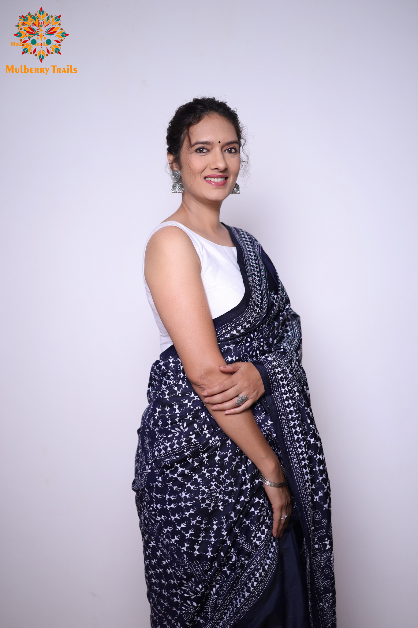 Rima - Navy Silk Saree with kantha Embroidery