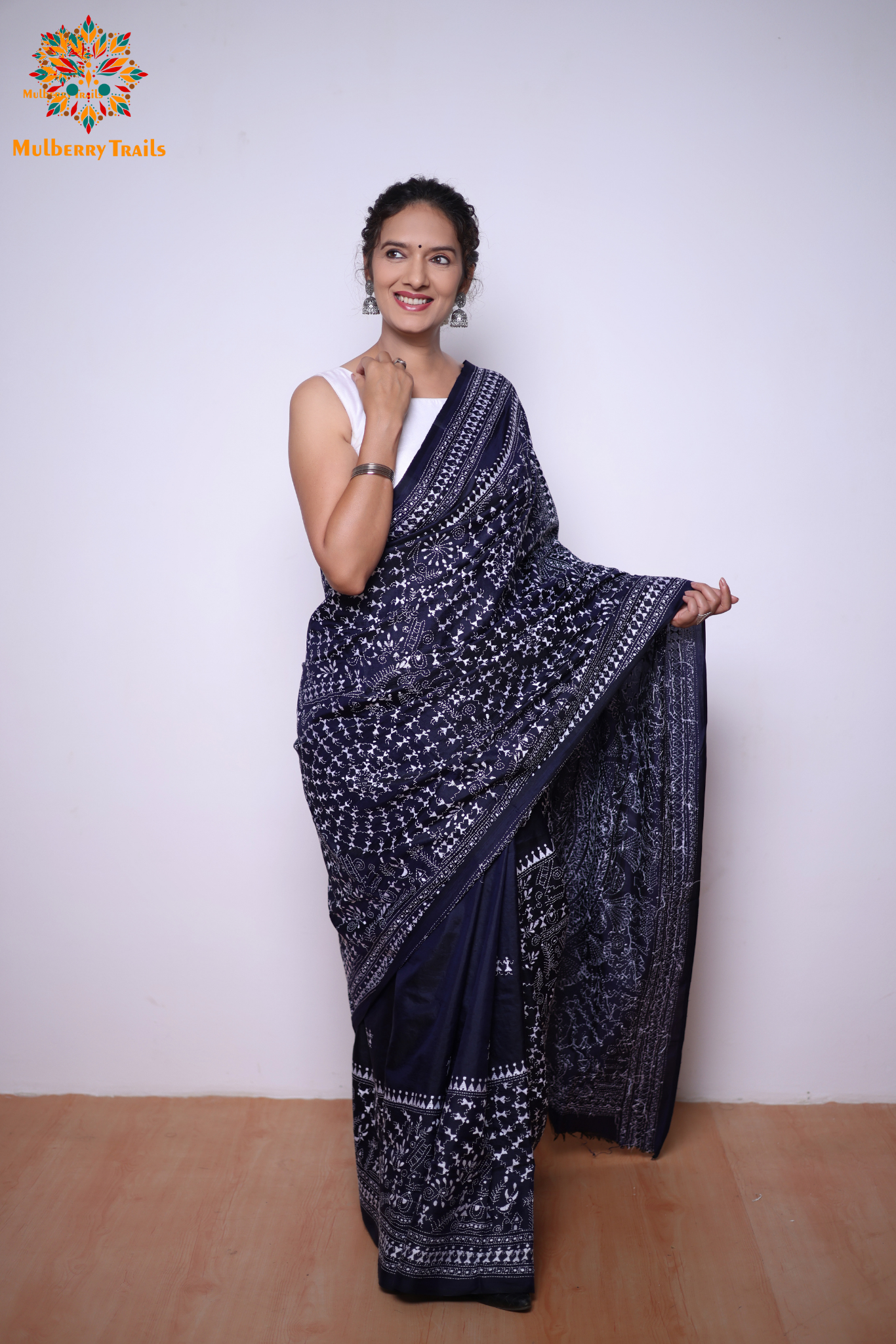 Rima - Navy Silk Saree with kantha Embroidery