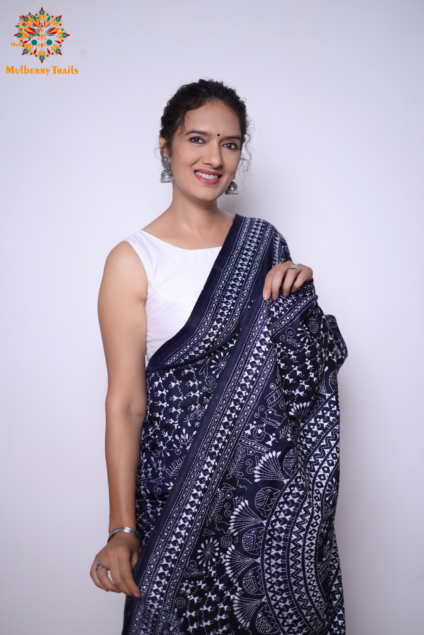 Rima - Navy Silk Saree with kantha Embroidery