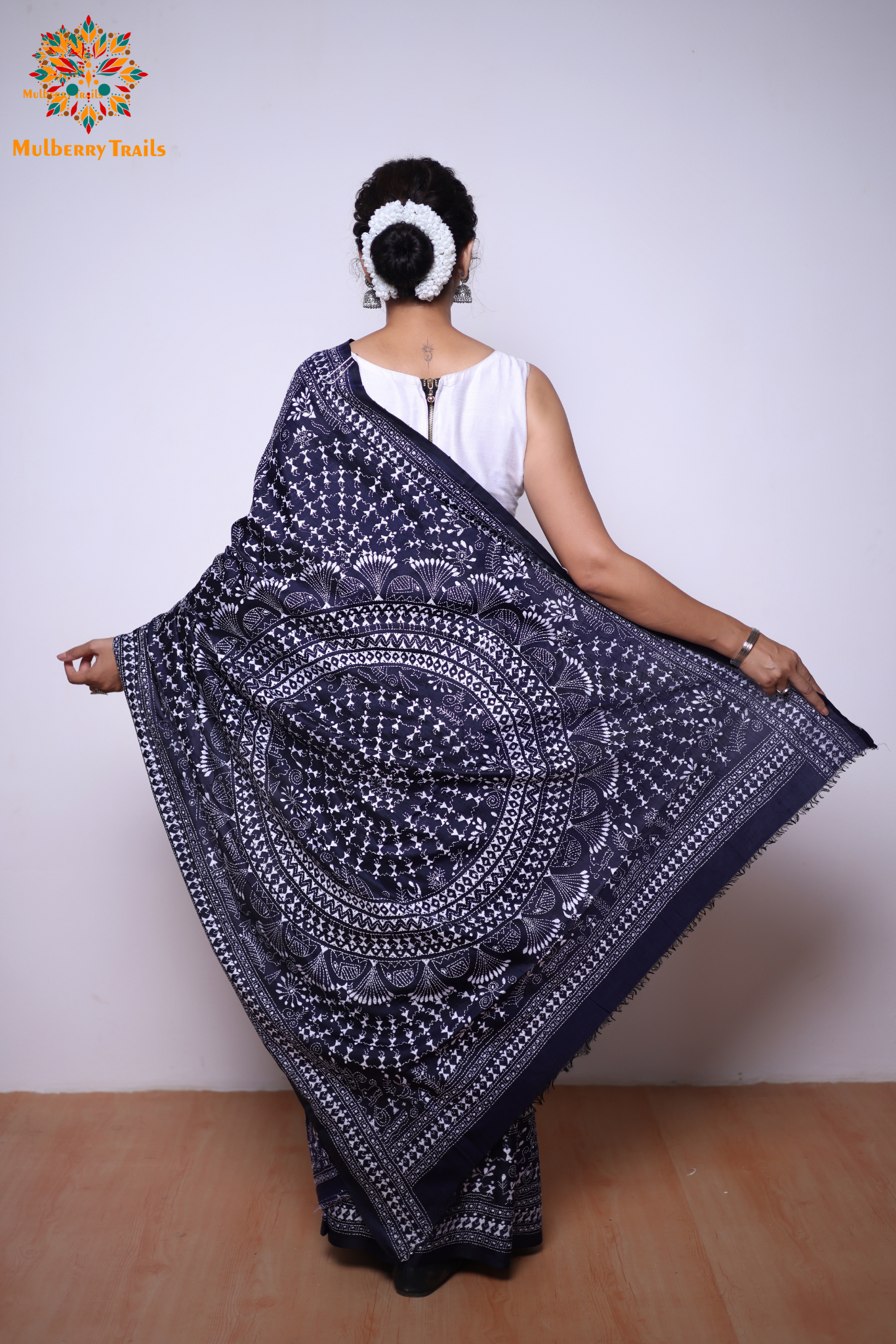 Rima - Navy Silk Saree with kantha Embroidery