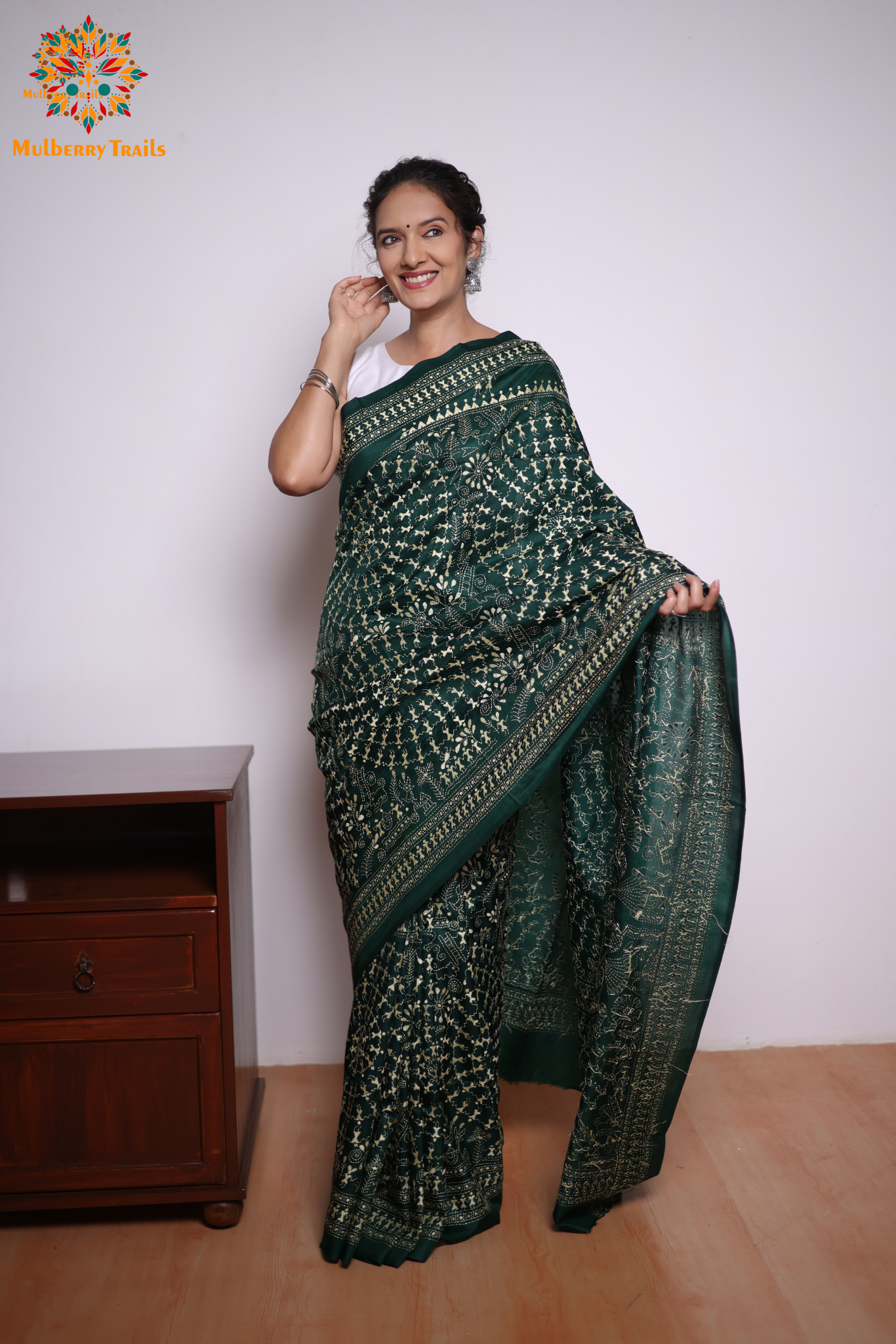 Rima - Green Silk Saree with kantha Embroidery