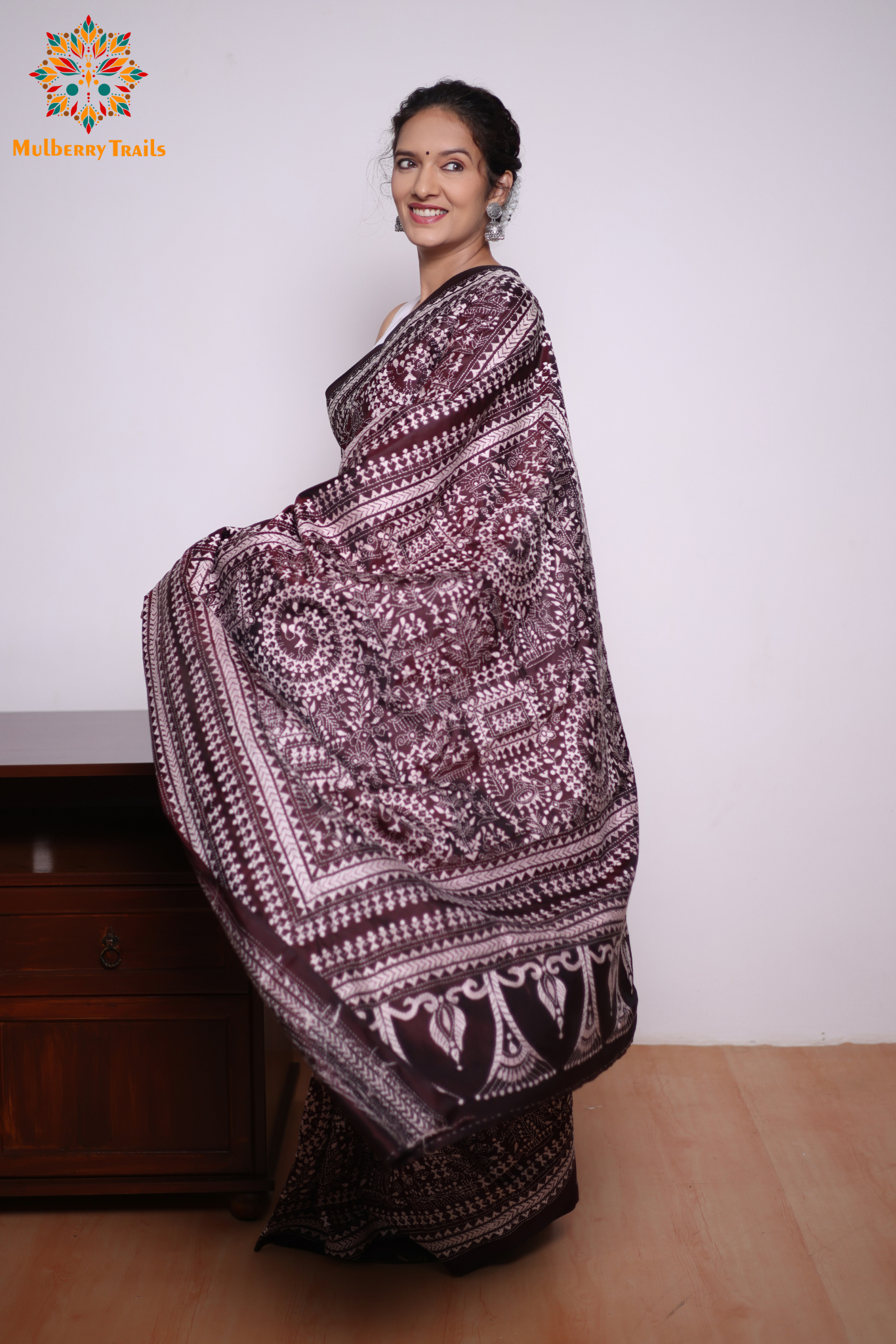 Rima - Coffee brown Silk Saree with kantha Embroidery