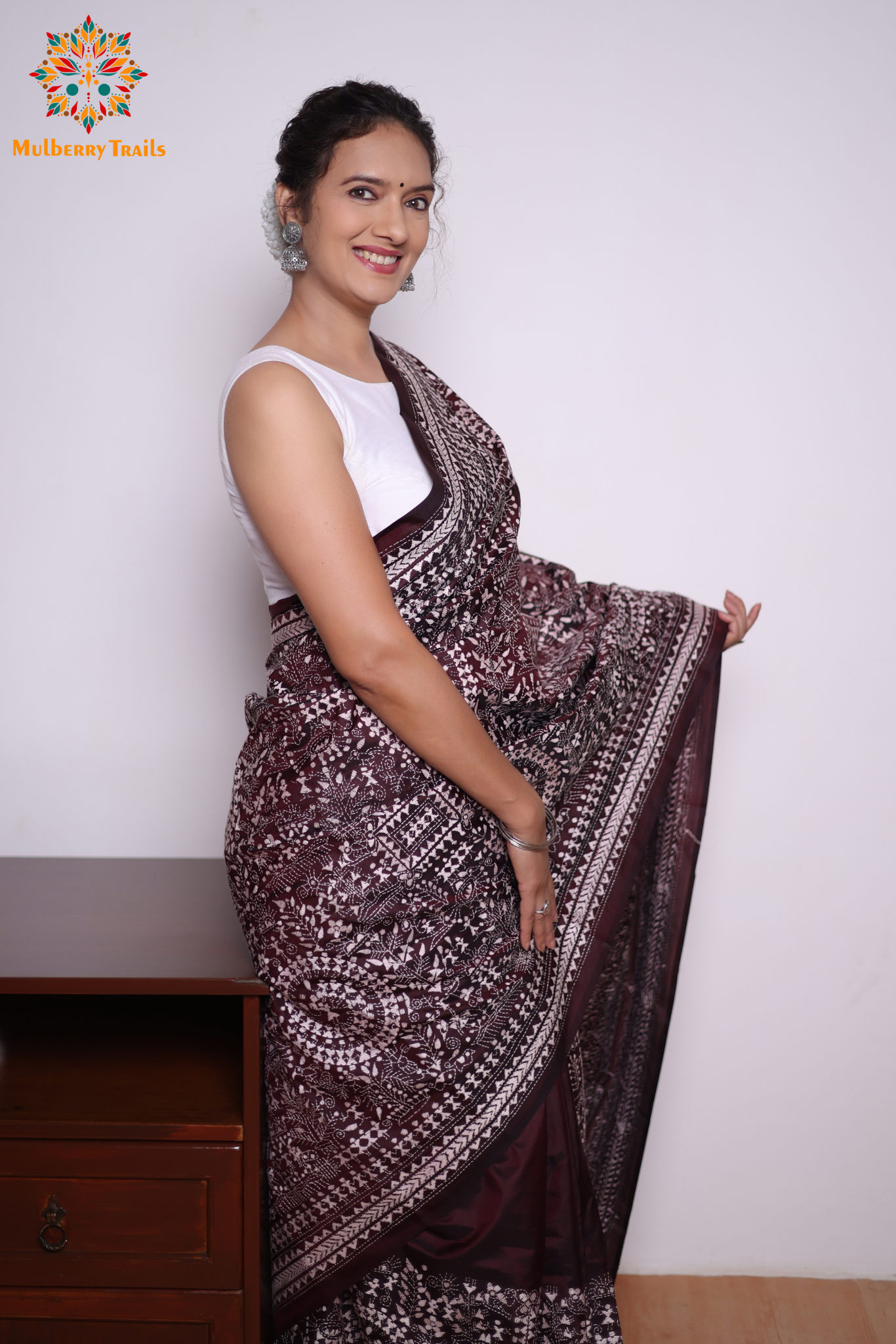 Rima - Coffee brown Silk Saree with kantha Embroidery