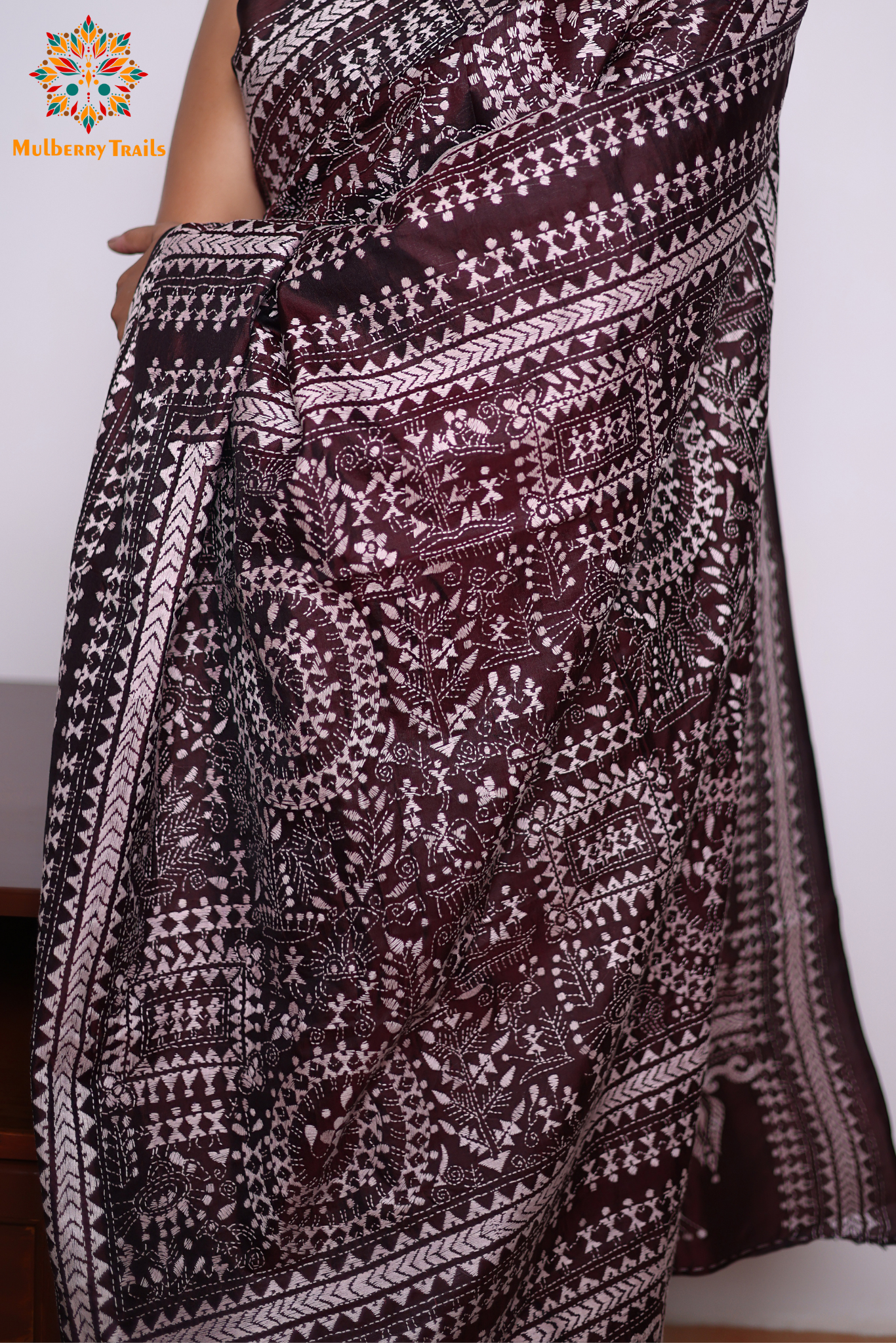 Rima - Coffee brown Silk Saree with kantha Embroidery