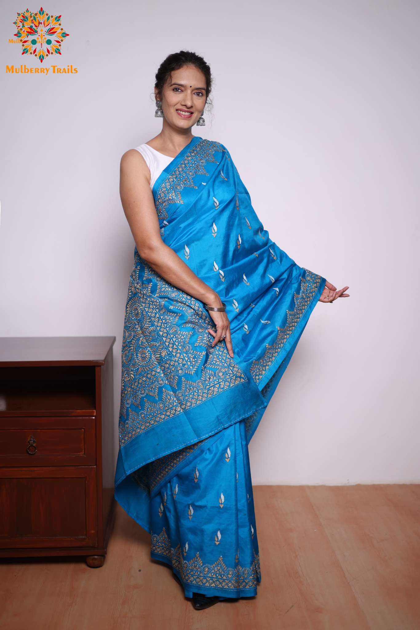 Rima - Chintamani Blue Silk Saree with kantha Embroidery