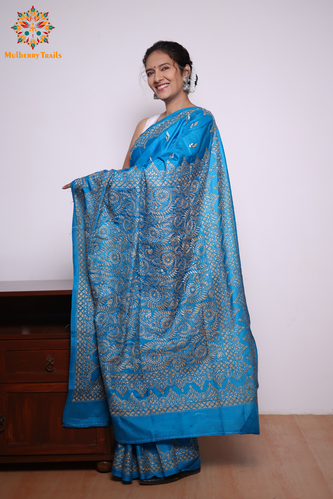 Rima - Chintamani Blue Silk Saree with kantha Embroidery