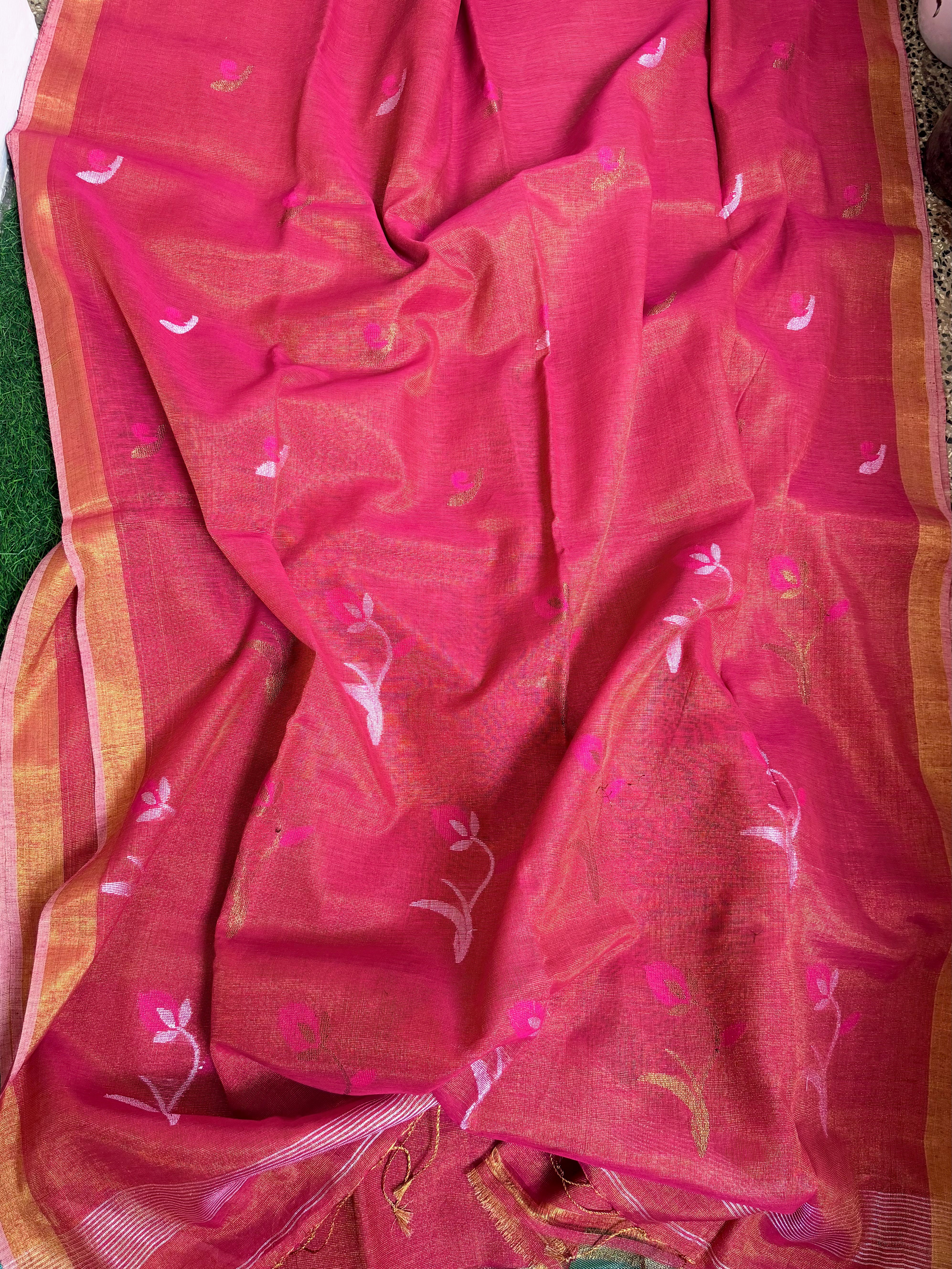 Linen tissue sarees with lotus motif