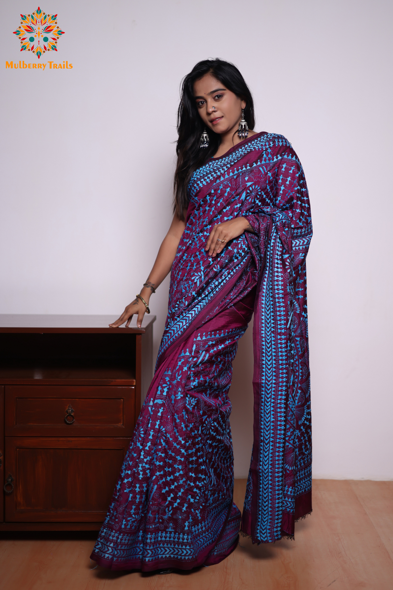 Rima - Purple Silk Saree with kantha Embroidery