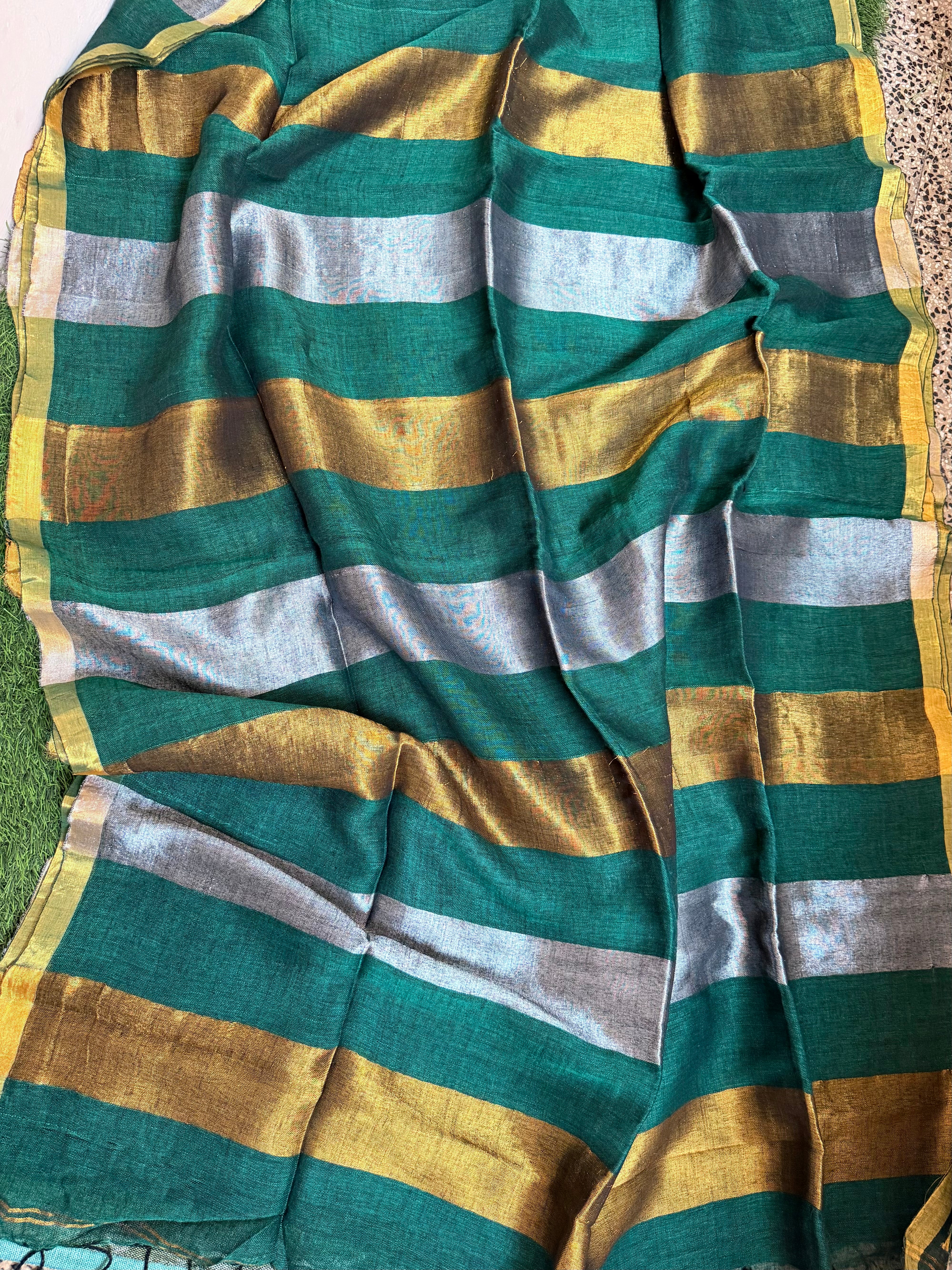 Linen silver golden zari stripes saree