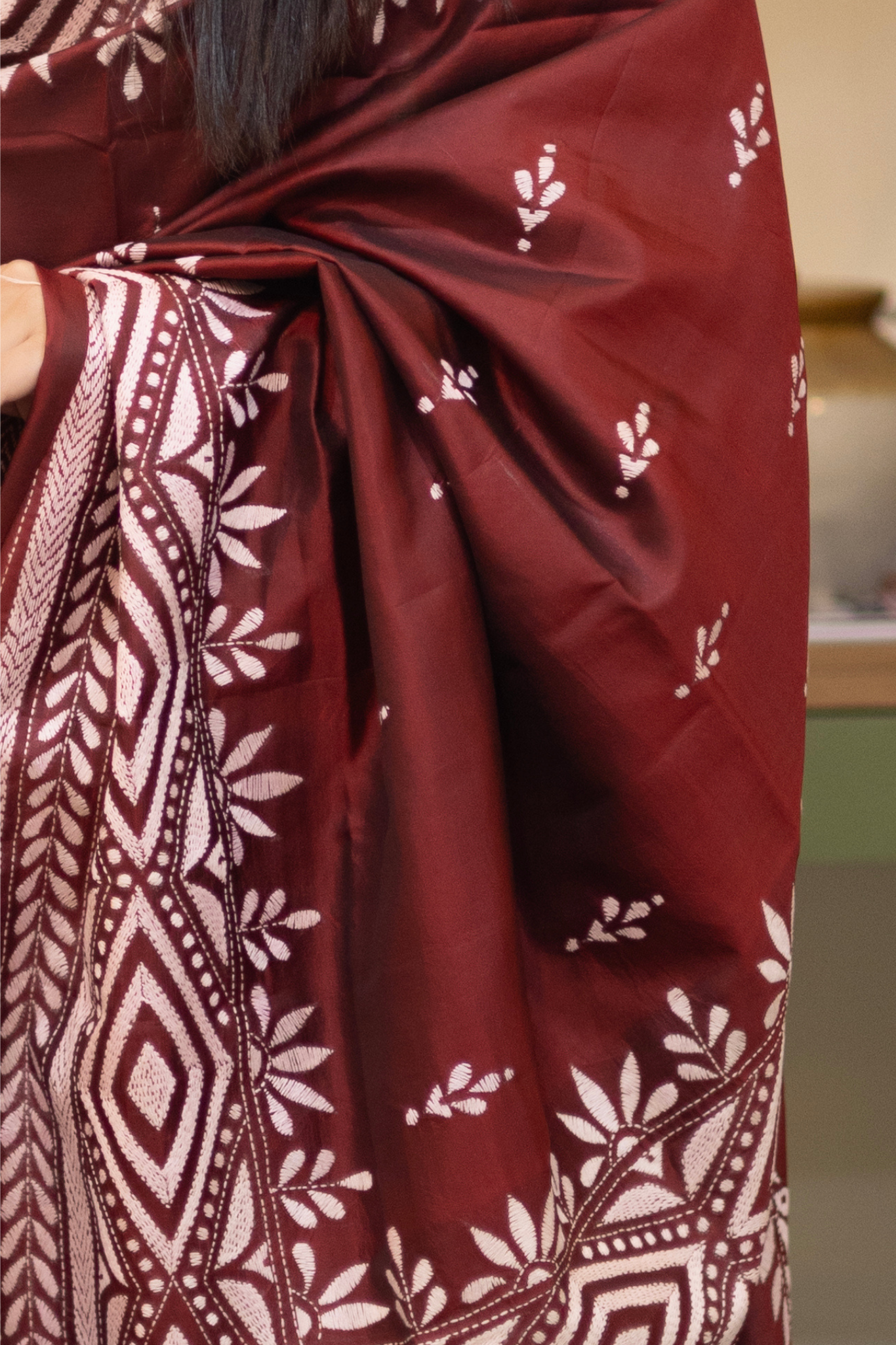 Rima - Maroon Silk Saree with kantha Embroidery