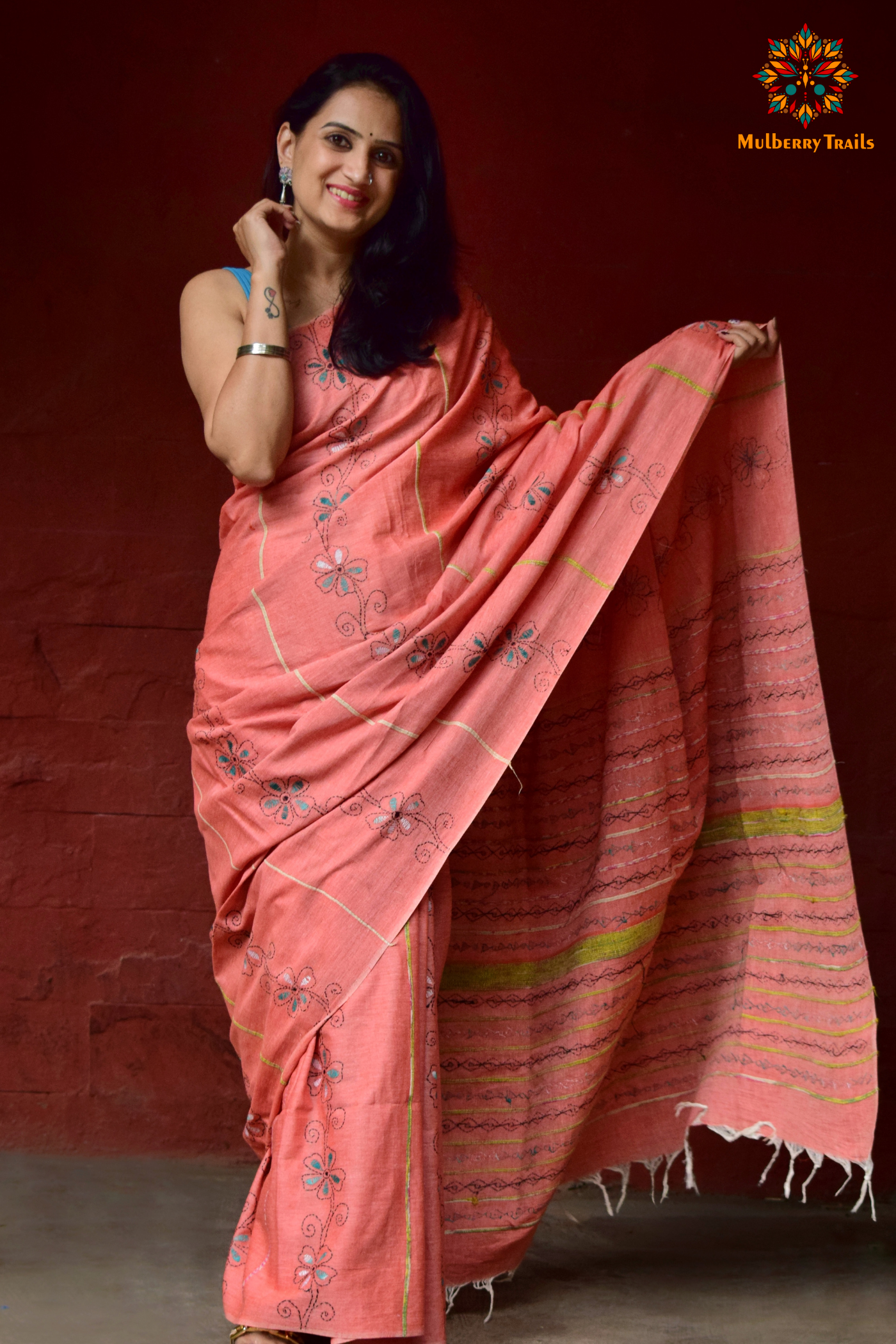 Vipas: Cotton Handloom Saree with Kantha Embroidery