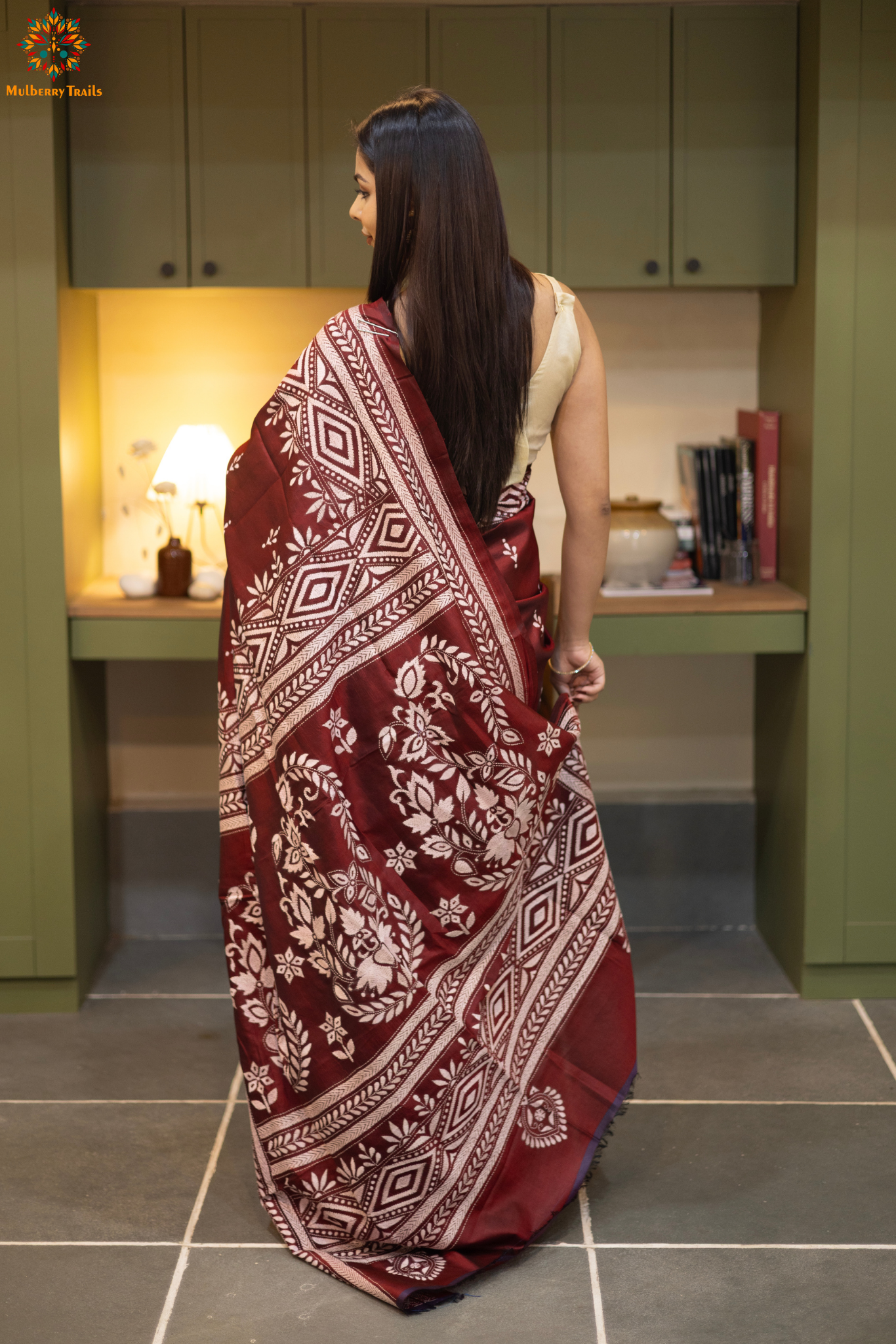 Rima - Maroon Silk Saree with kantha Embroidery