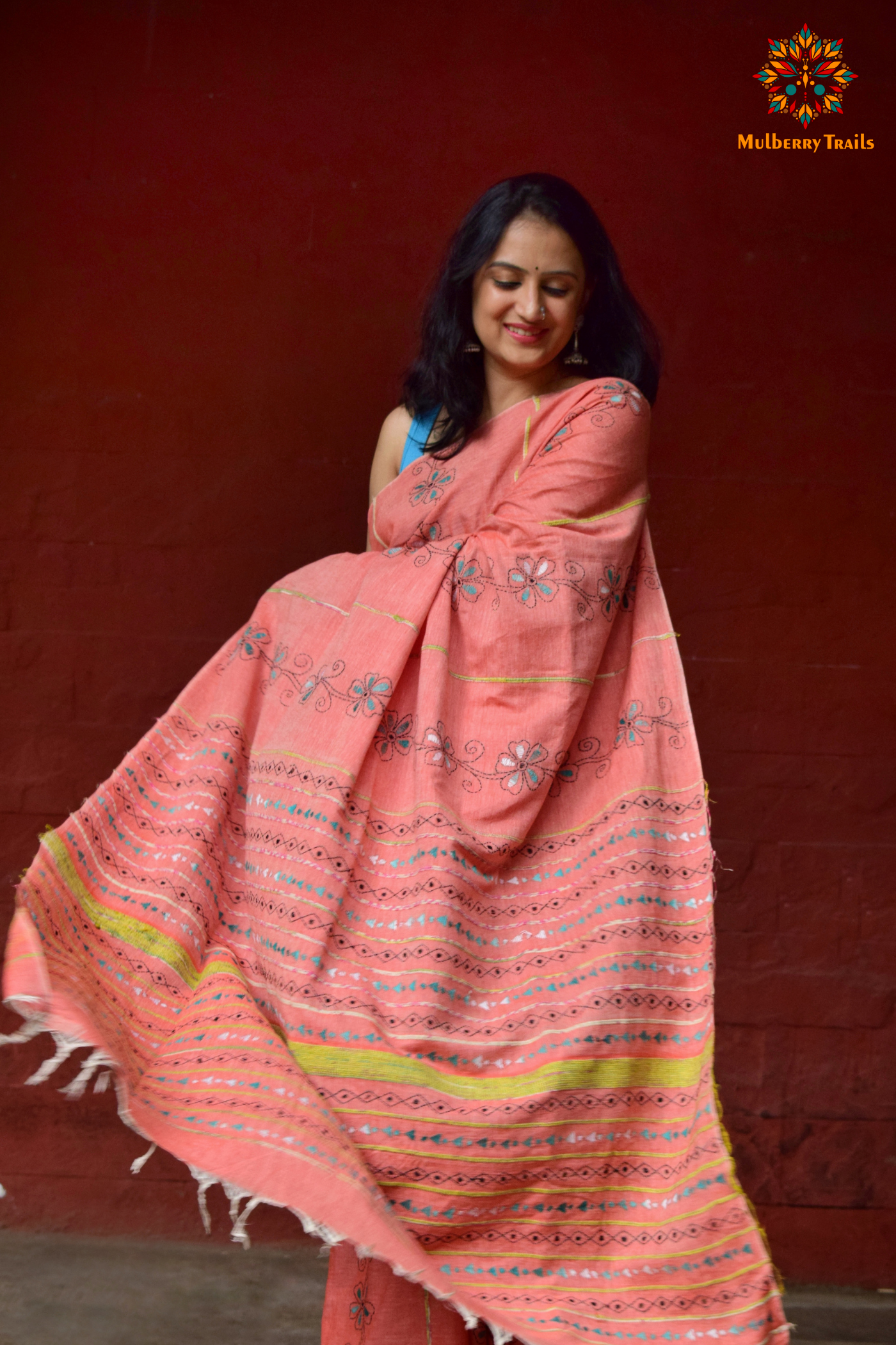 Vipas: Cotton Handloom Saree with Kantha Embroidery