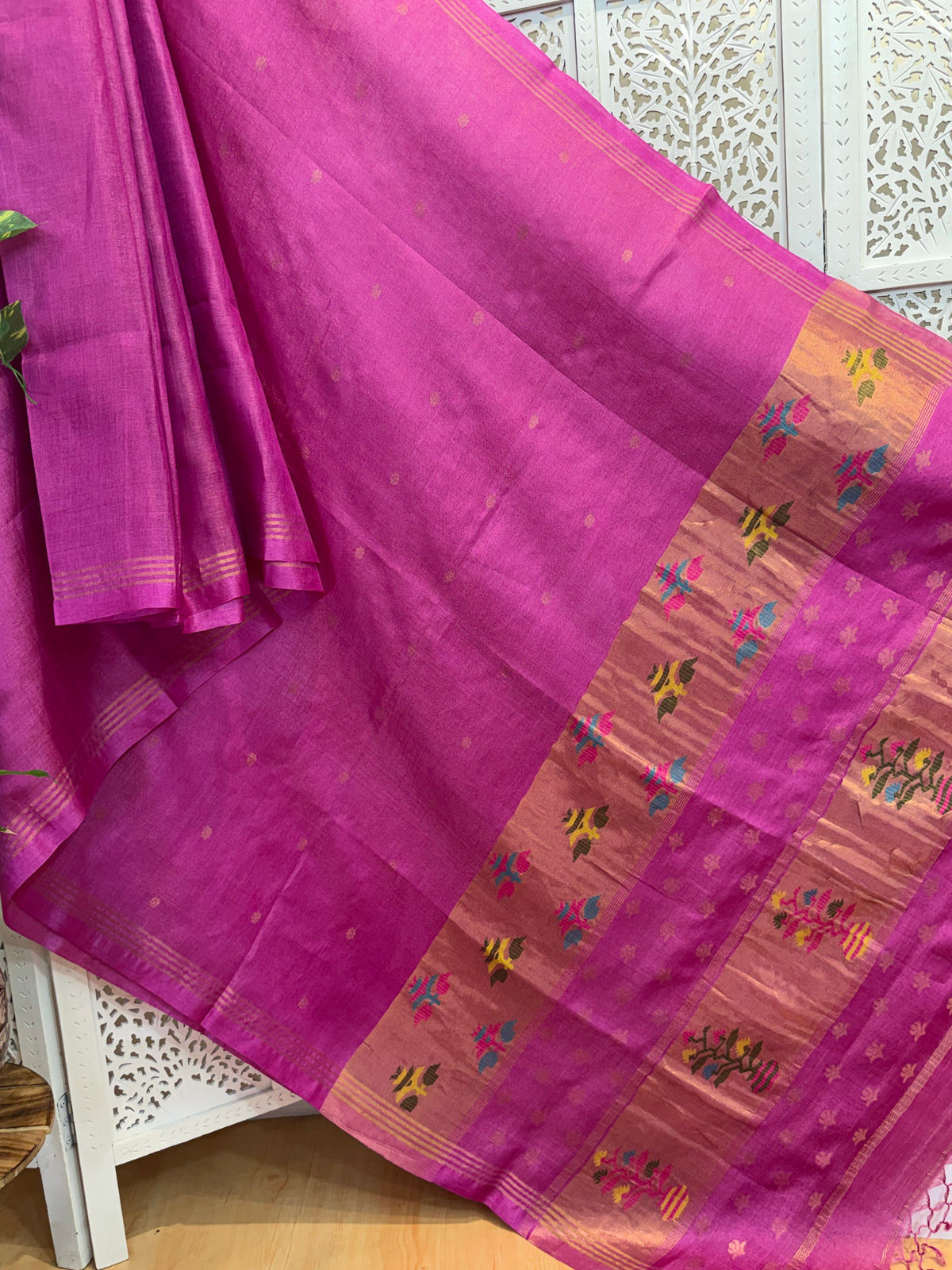 Meghana: Premiun Tusser silk Saree_pink paithani design