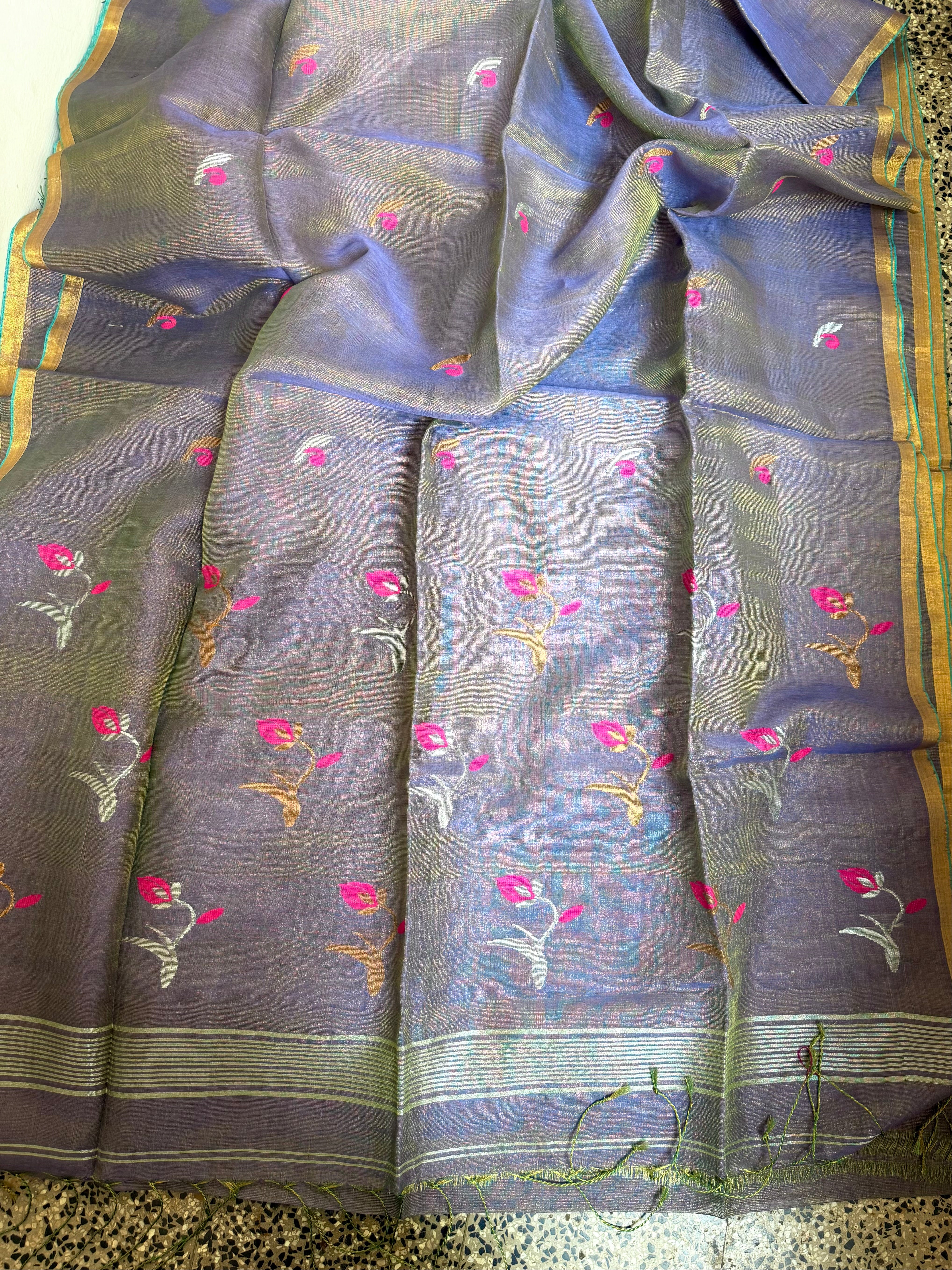 Linen tissue sarees with lotus motif