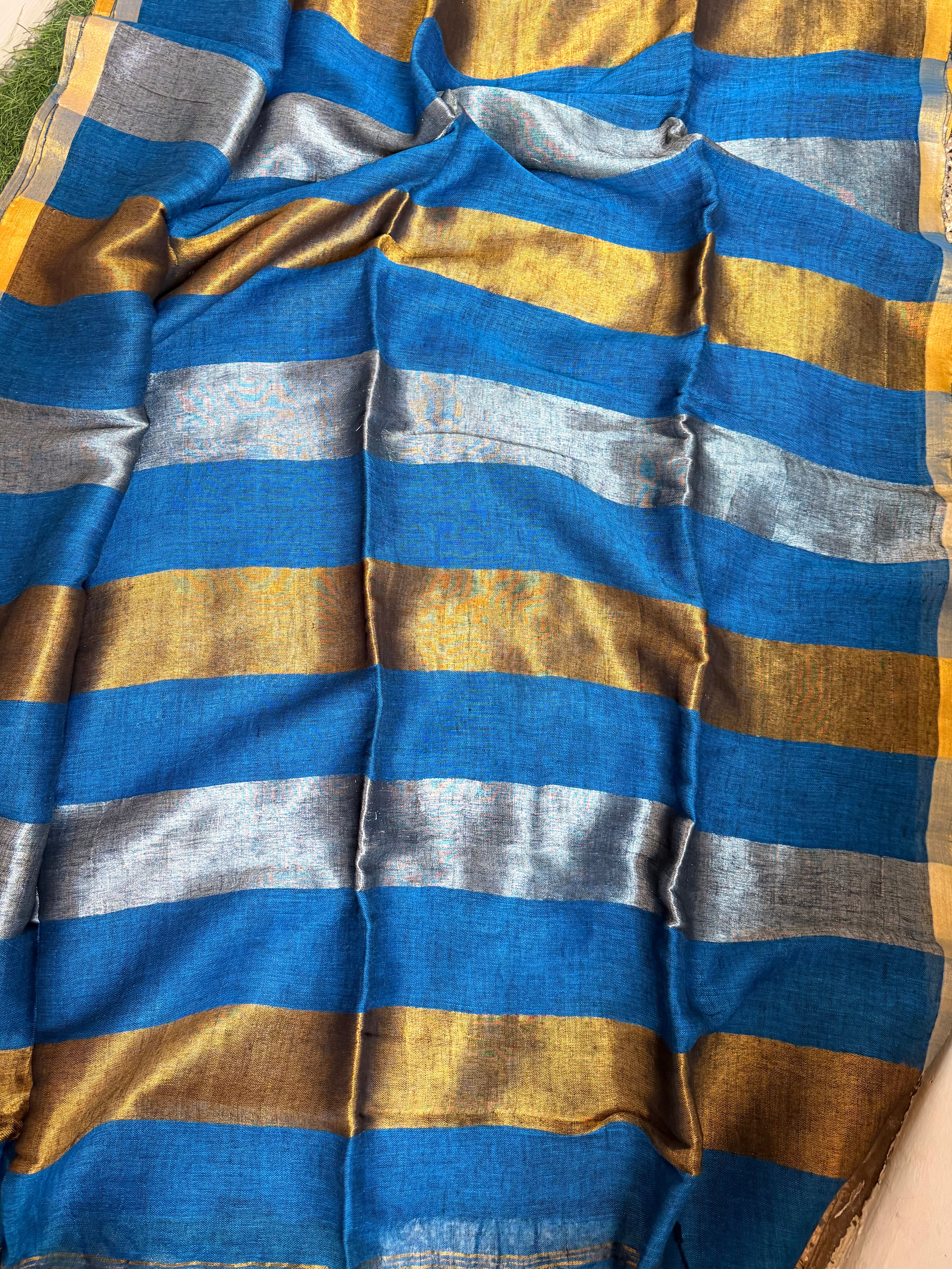 Linen silver golden zari stripes saree