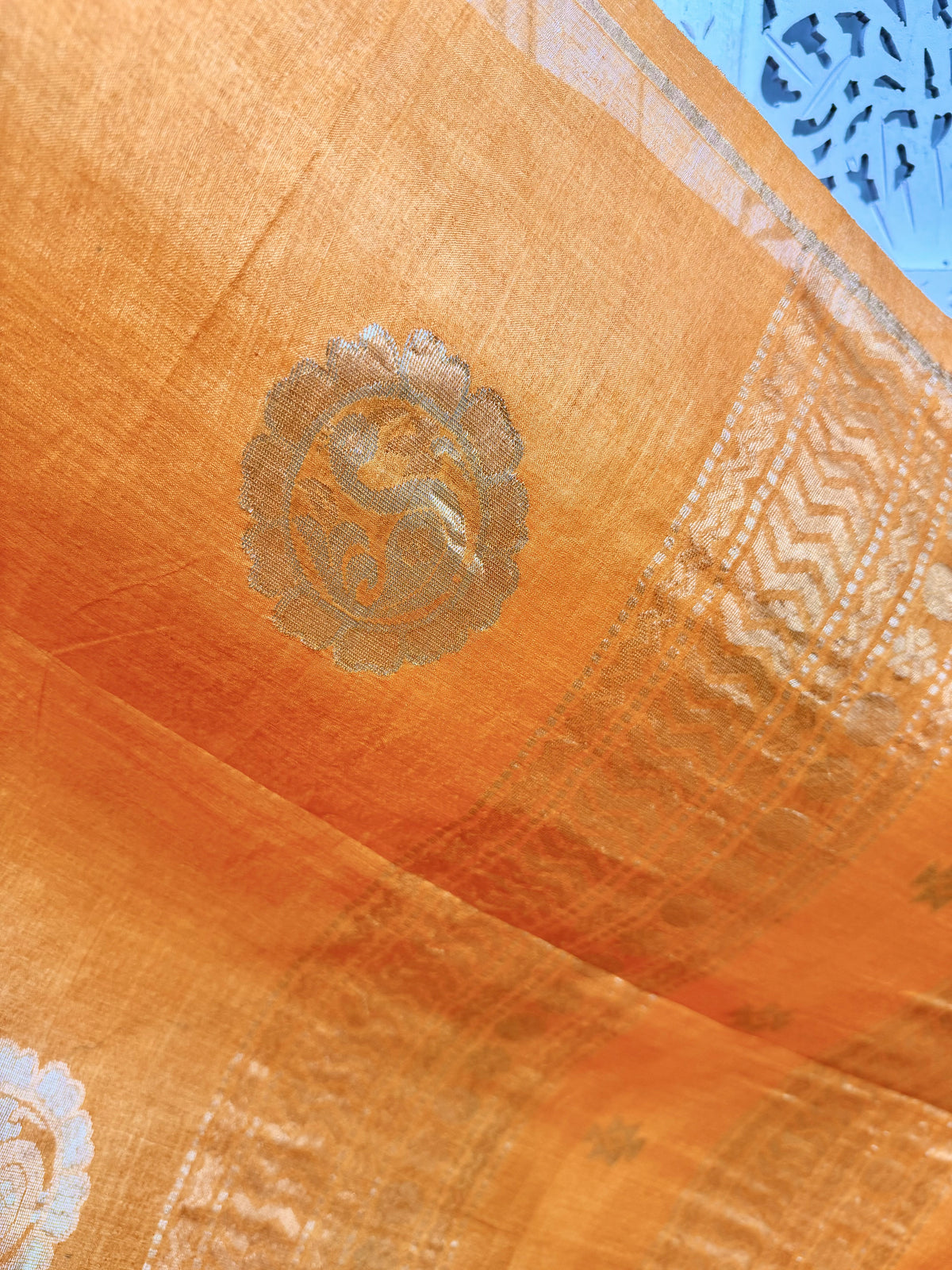 Meghana: Premiun Tusser silk Saree_Orange Swan motif
