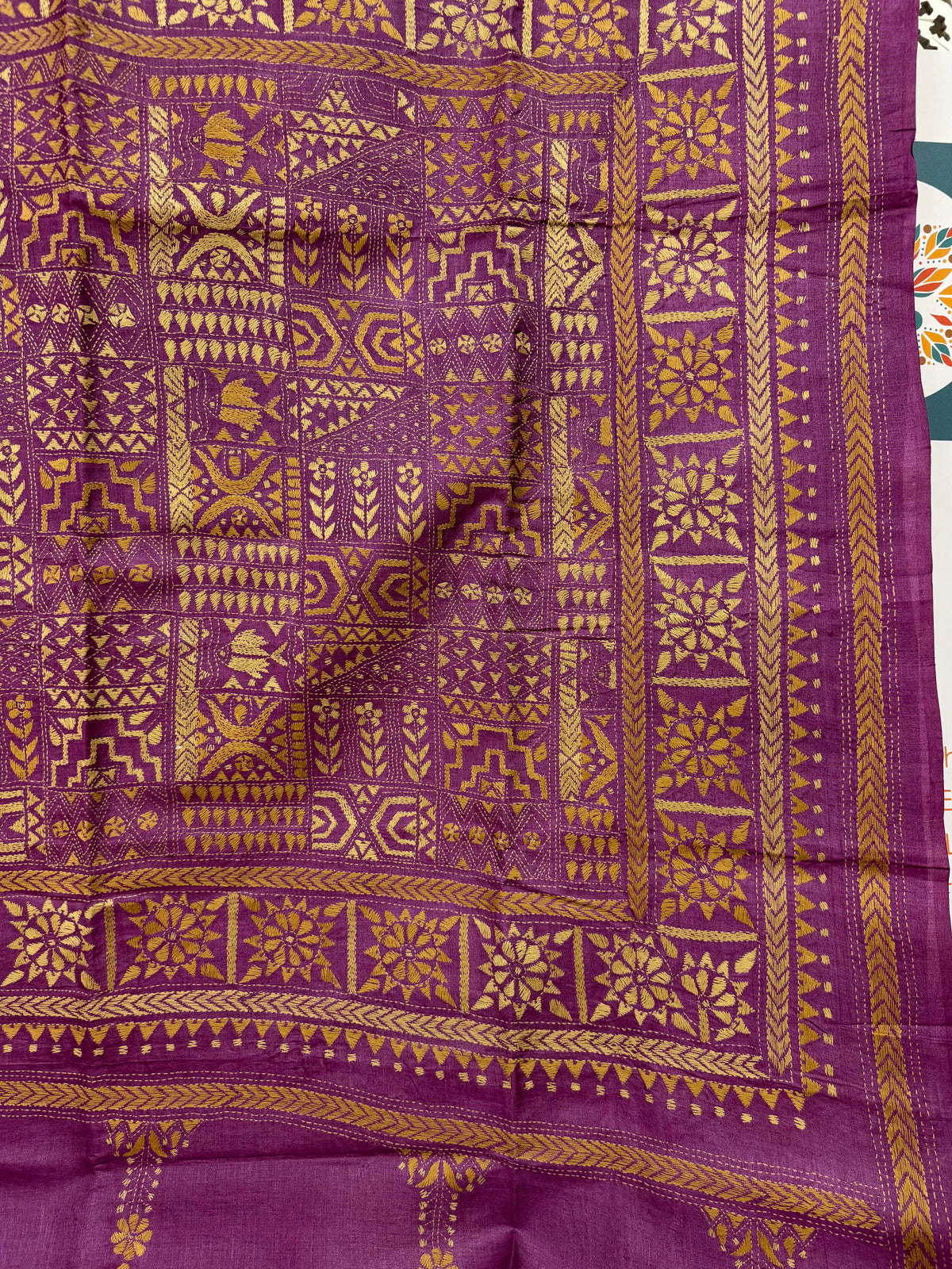 Rima - Tusser silk saree with kantha embroidery pink