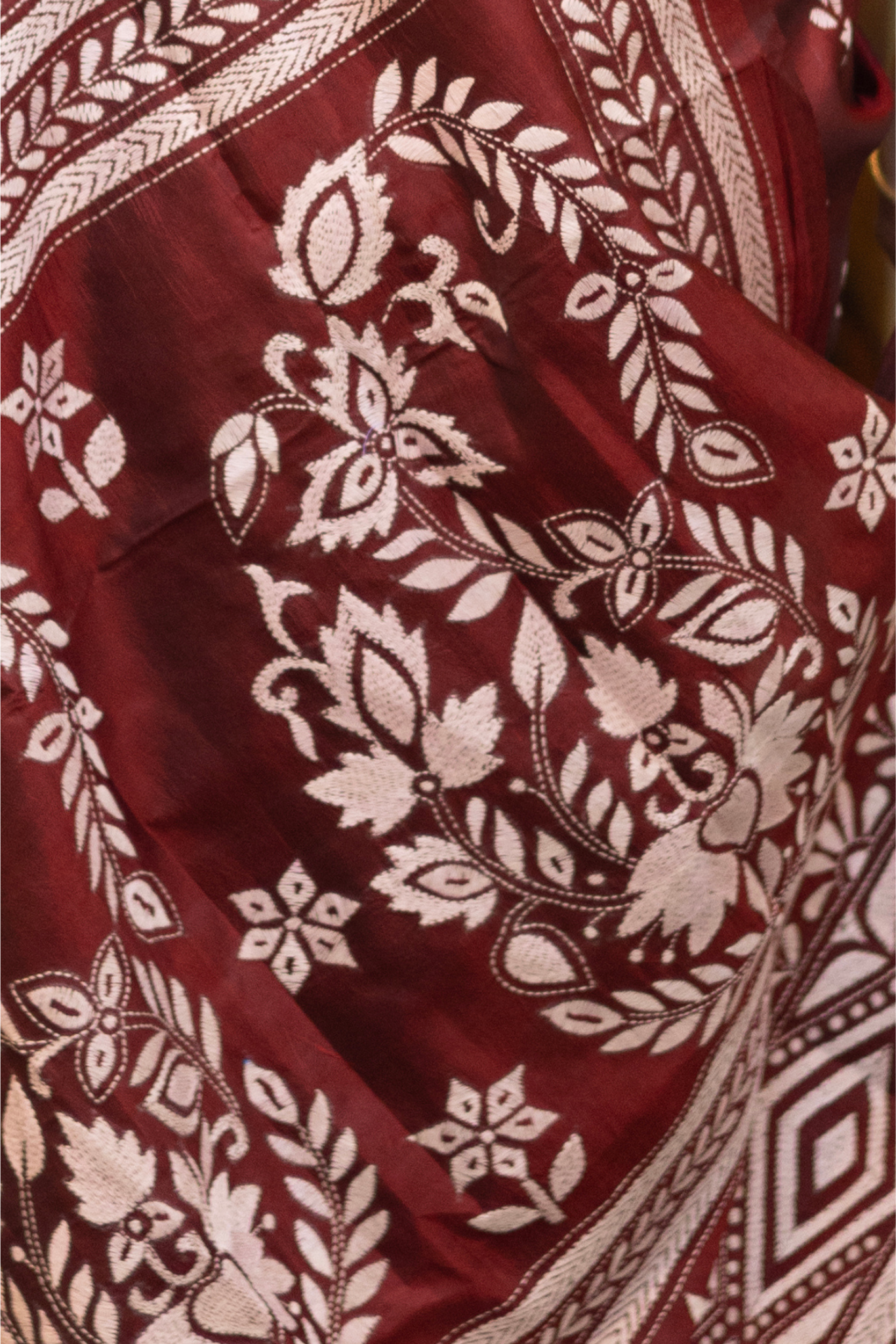 Rima - Maroon Silk Saree with kantha Embroidery