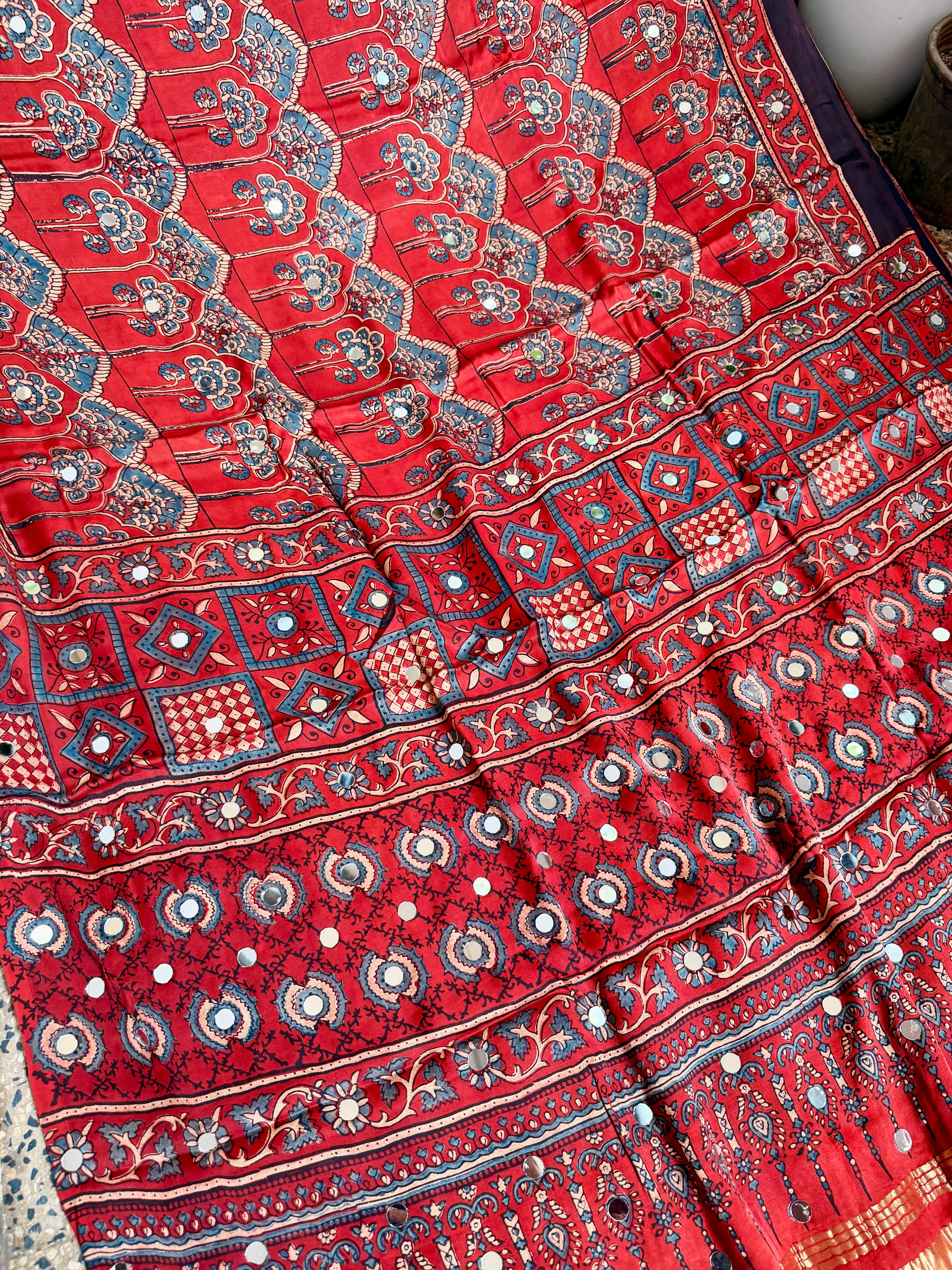 Ajrakh Modal silk sarees with Mirror Work