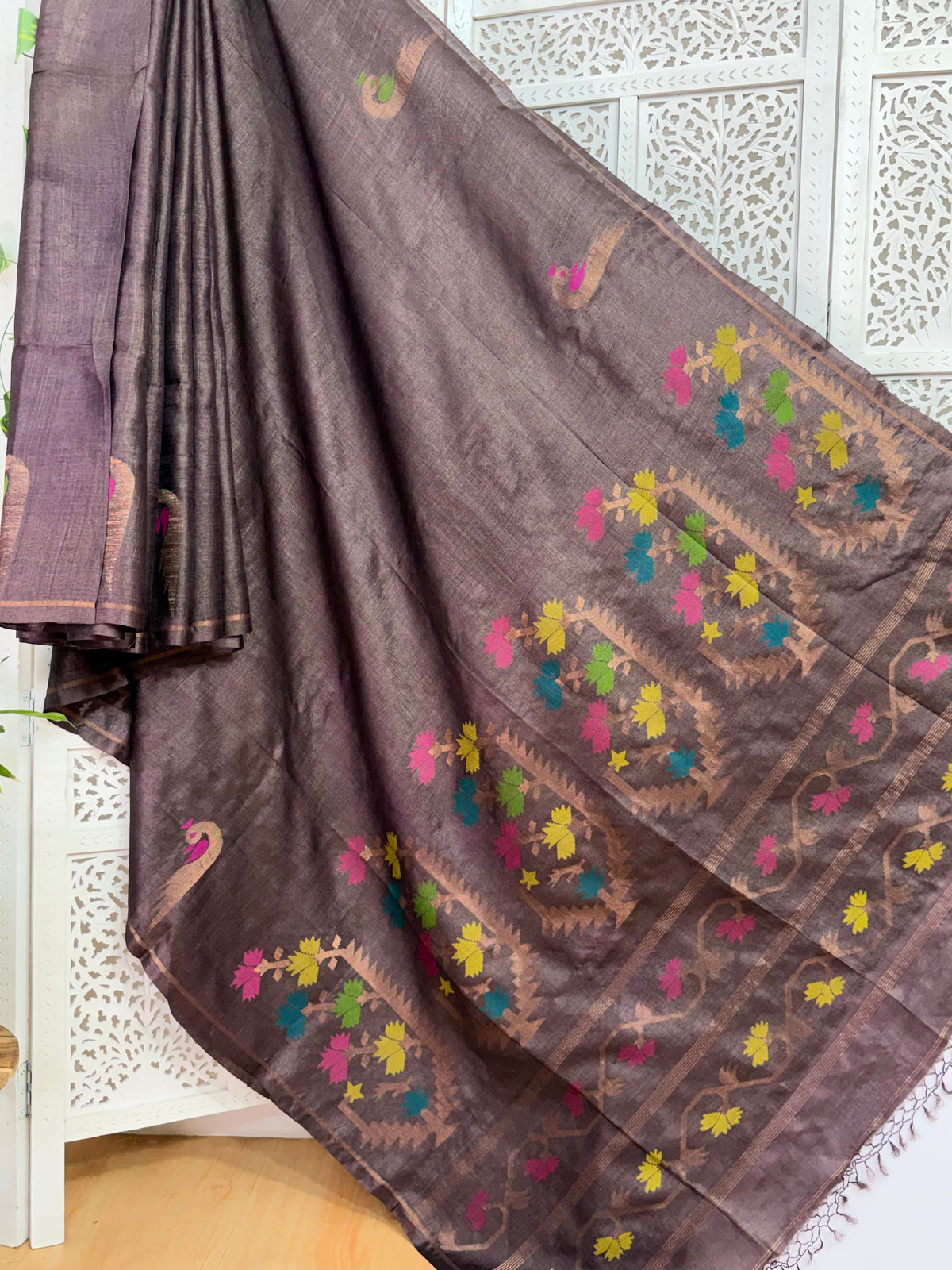 Meghana: Premiun Tusser silk Saree_brown shade Paithani inspired design