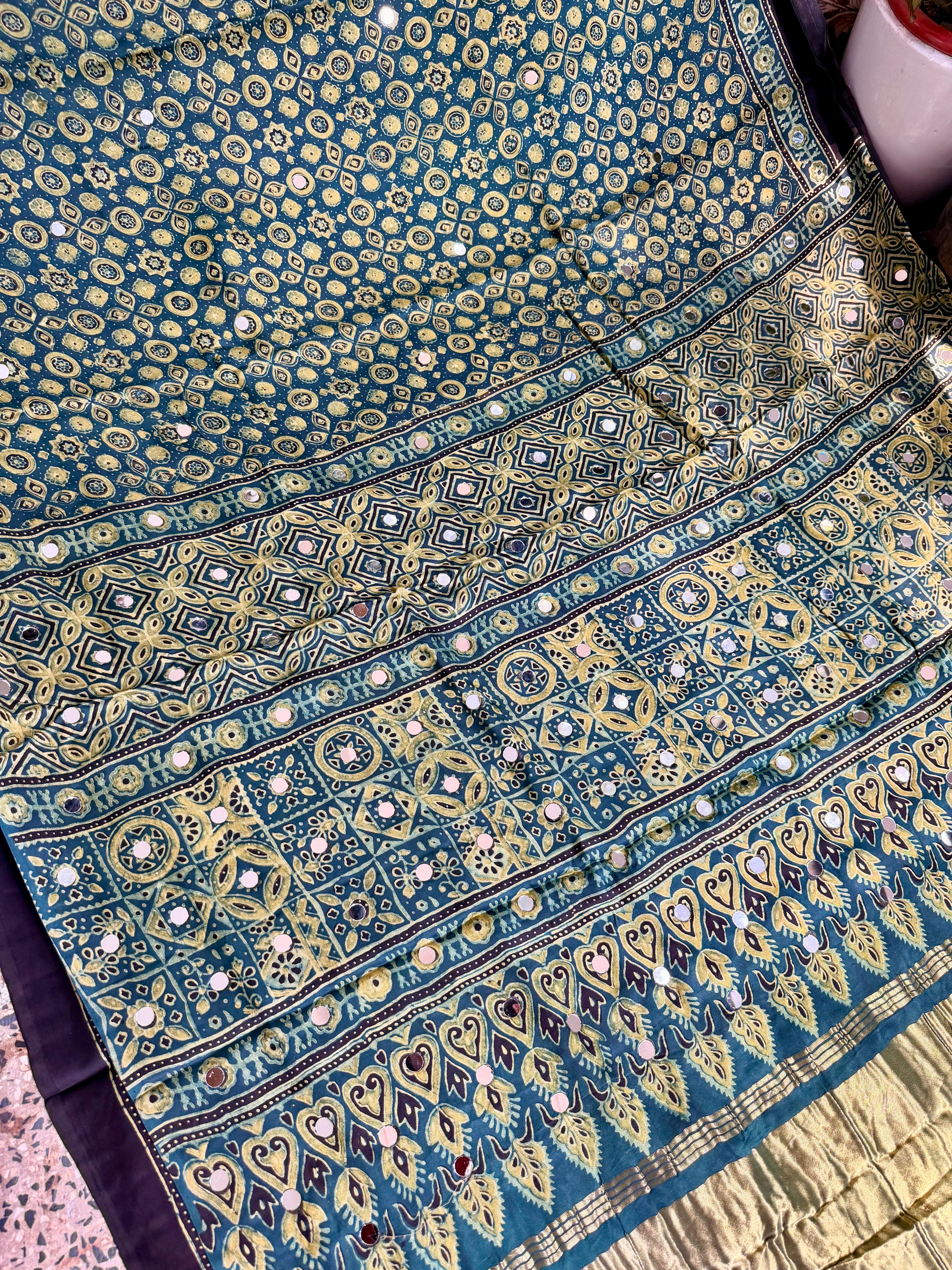 Ajrakh Modal silk sarees with Mirror Work