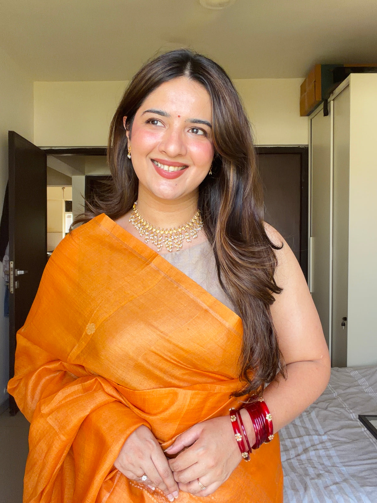 Meghana: Premiun Tusser silk Saree_Orange Swan motif