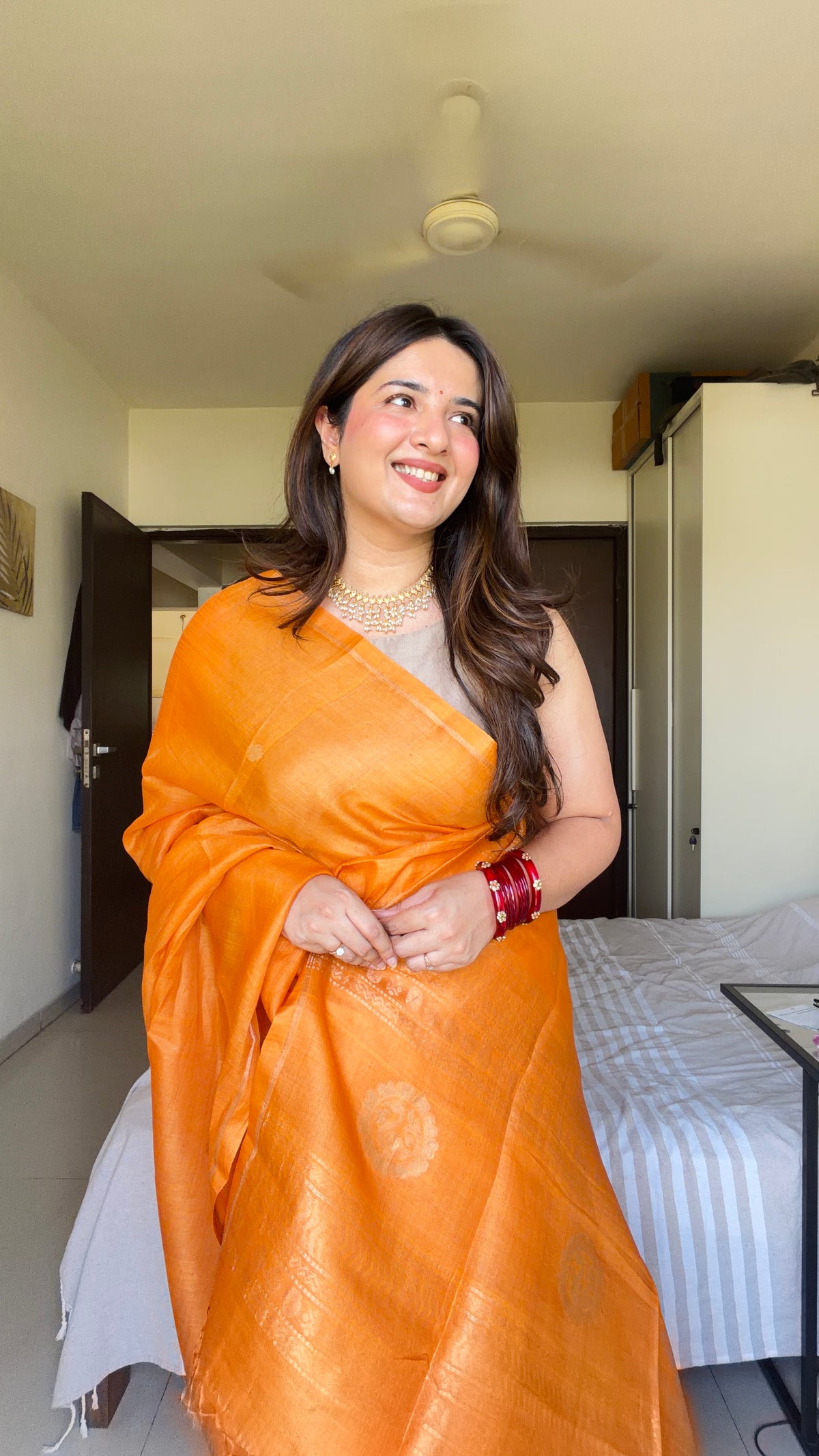 Meghana: Premiun Tusser silk Saree_Orange Swan motif