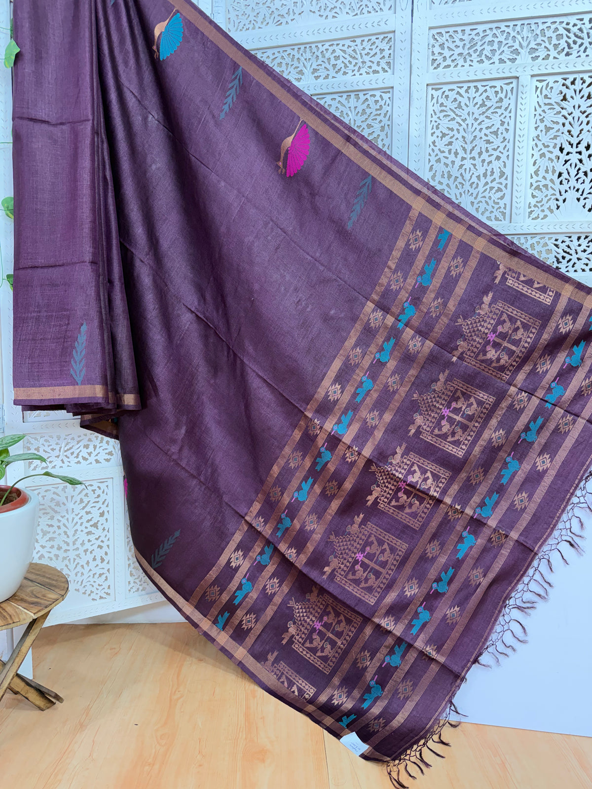 Meghana: Premiun Tusser silk Saree_deep wine Bird motif