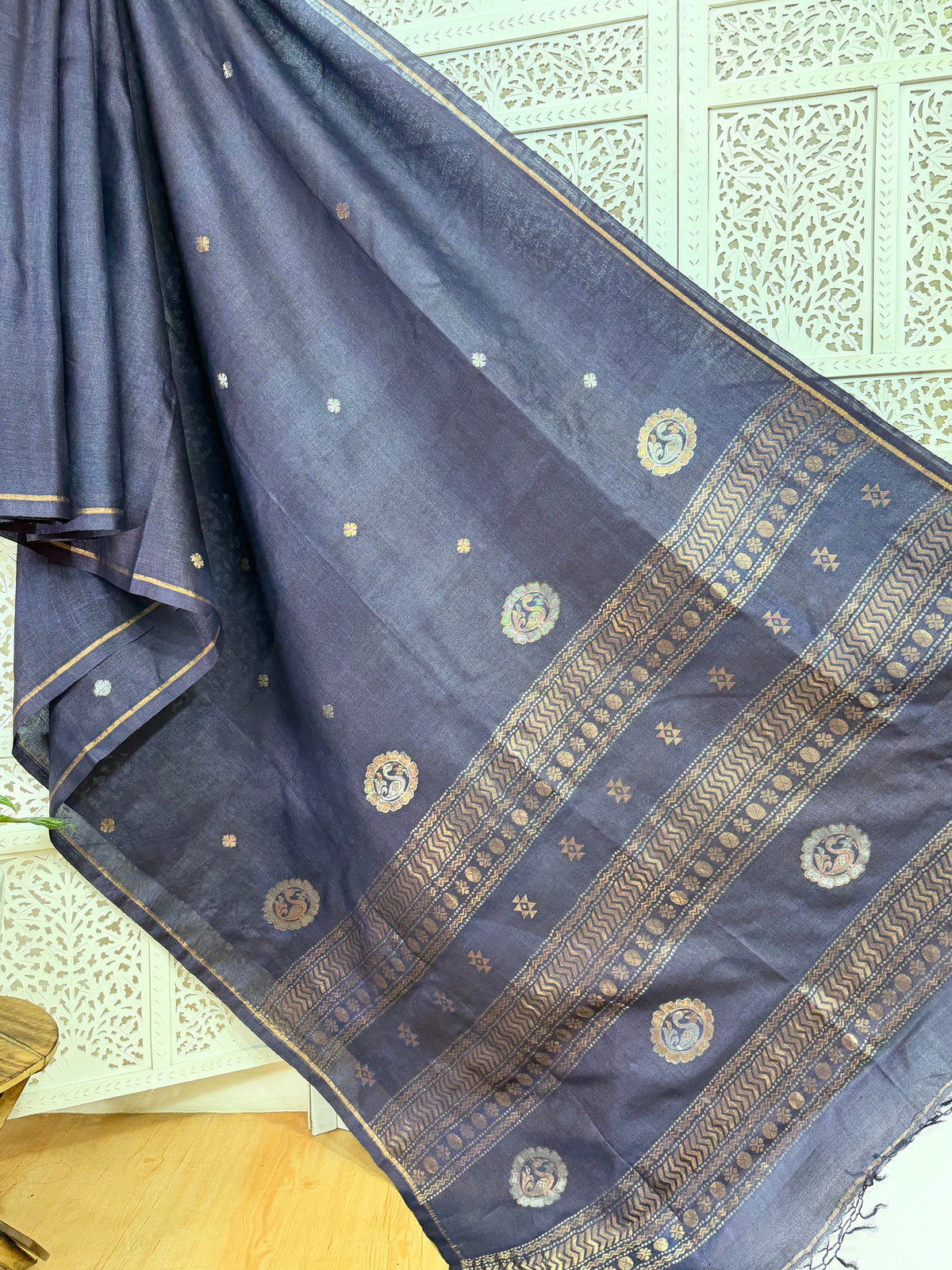 Meghana: Premiun Tusser silk Saree_Deep Blue Swan motif