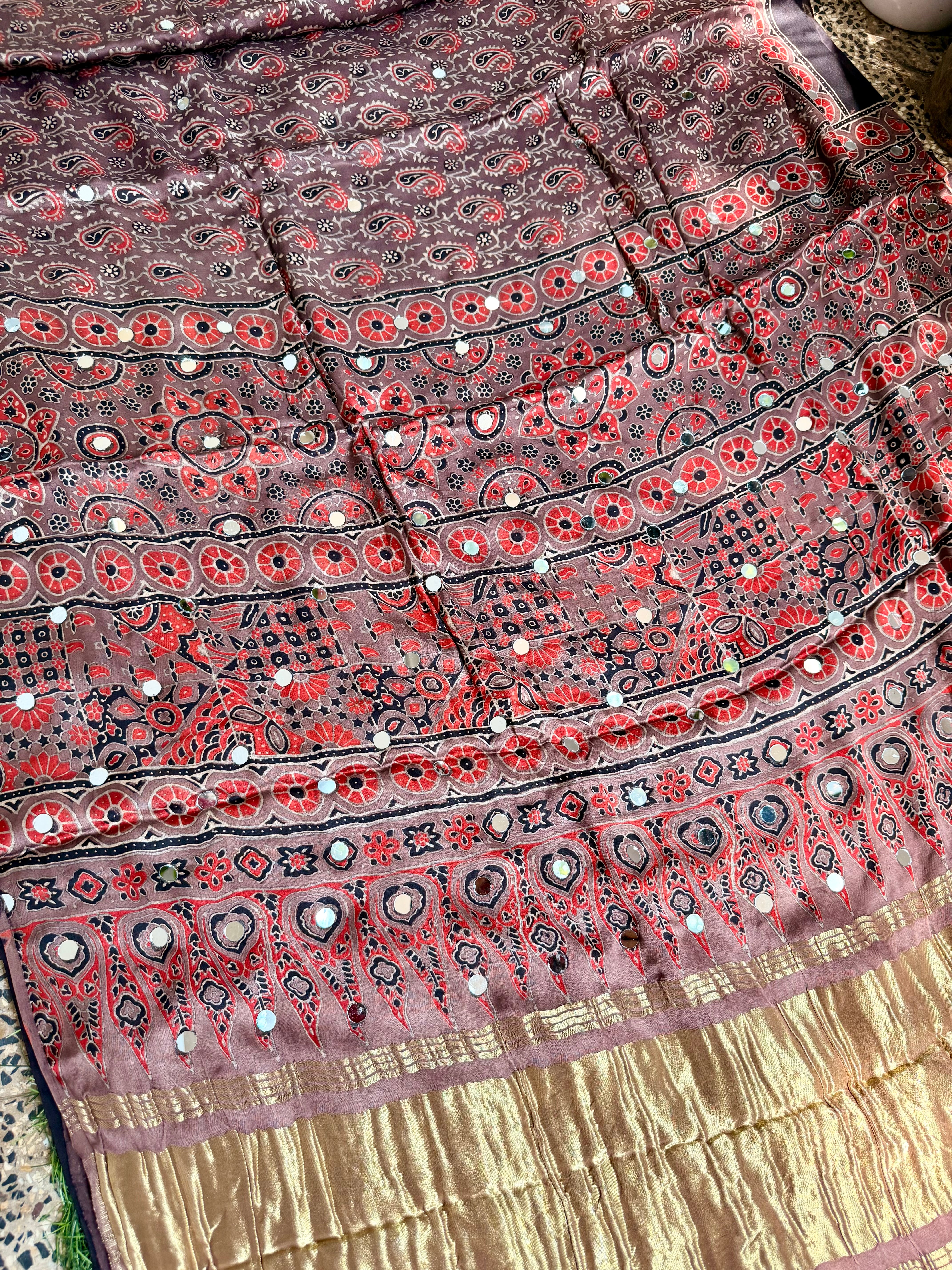 Ajrakh Modal silk sarees with Mirror Work