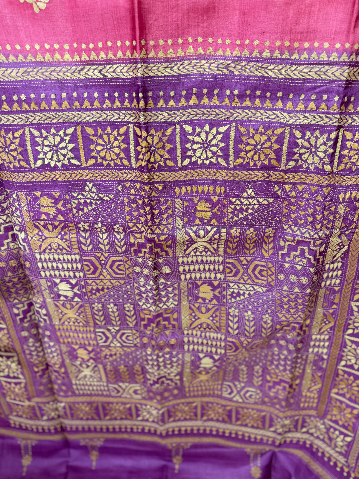 Rima - Tusser silk saree with kantha embroidery pink