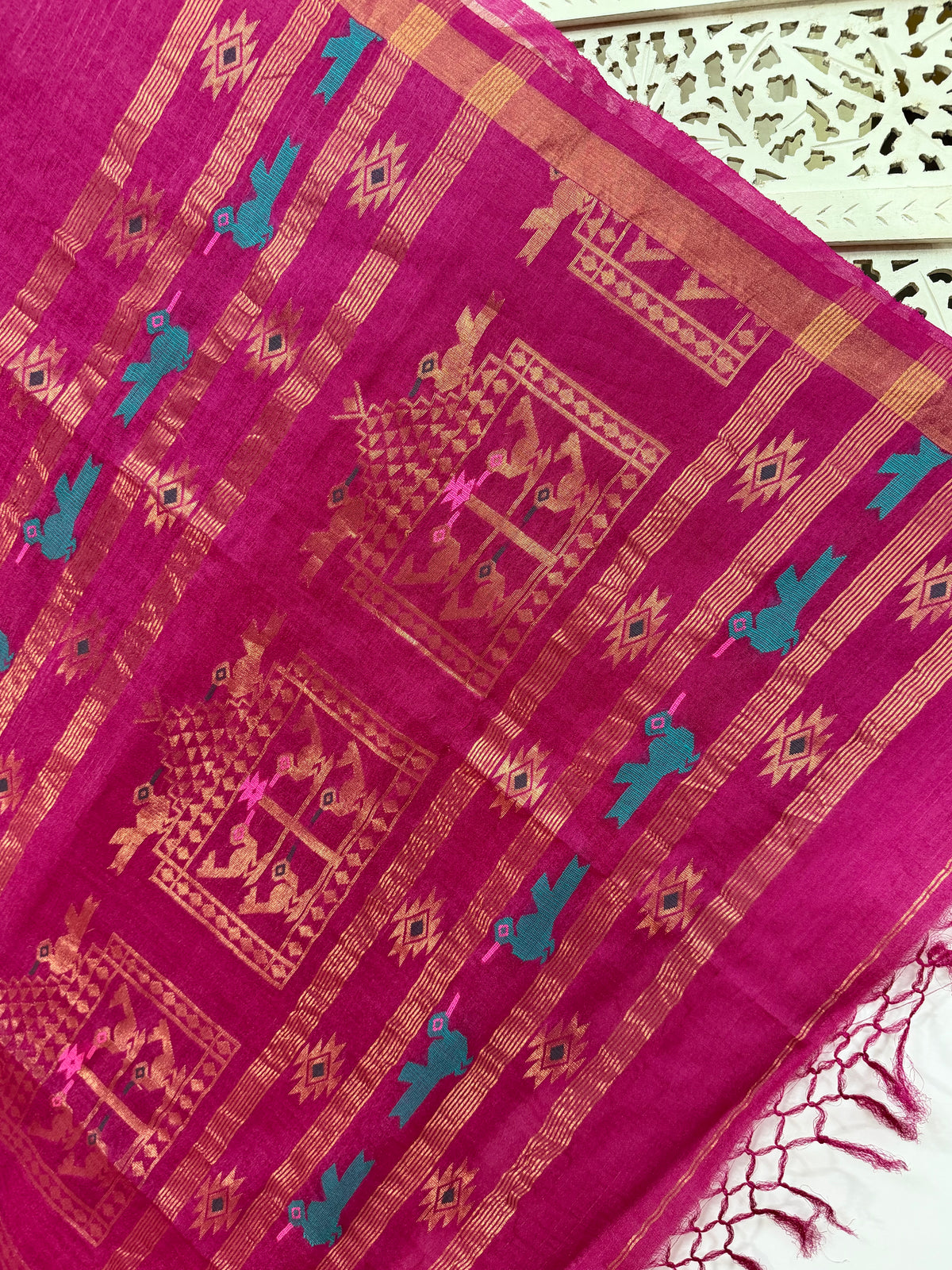 Meghana: Premiun Tusser silk Saree_Pink Bird motif