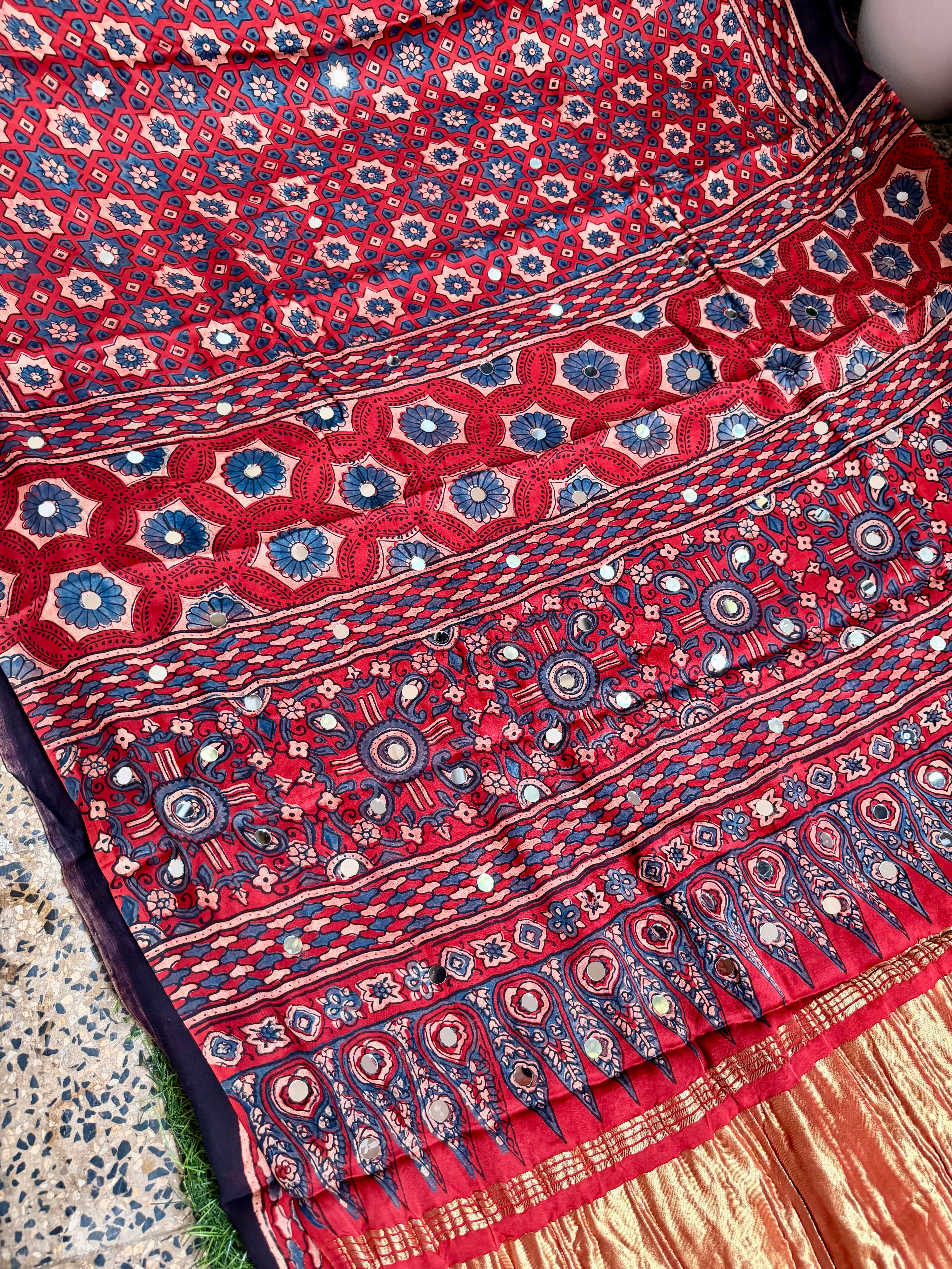 Ajrakh Modal silk sarees with Mirror Work