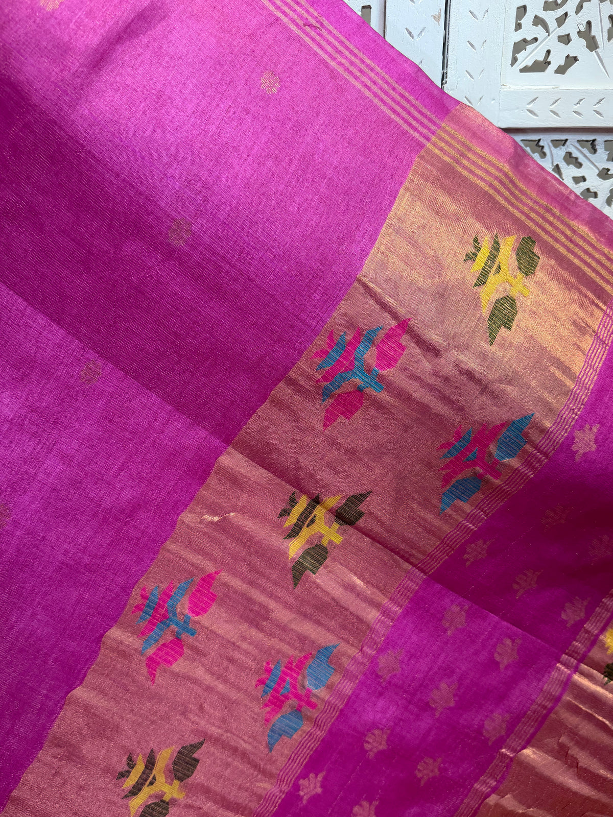 Meghana: Premiun Tusser silk Saree_pink paithani design