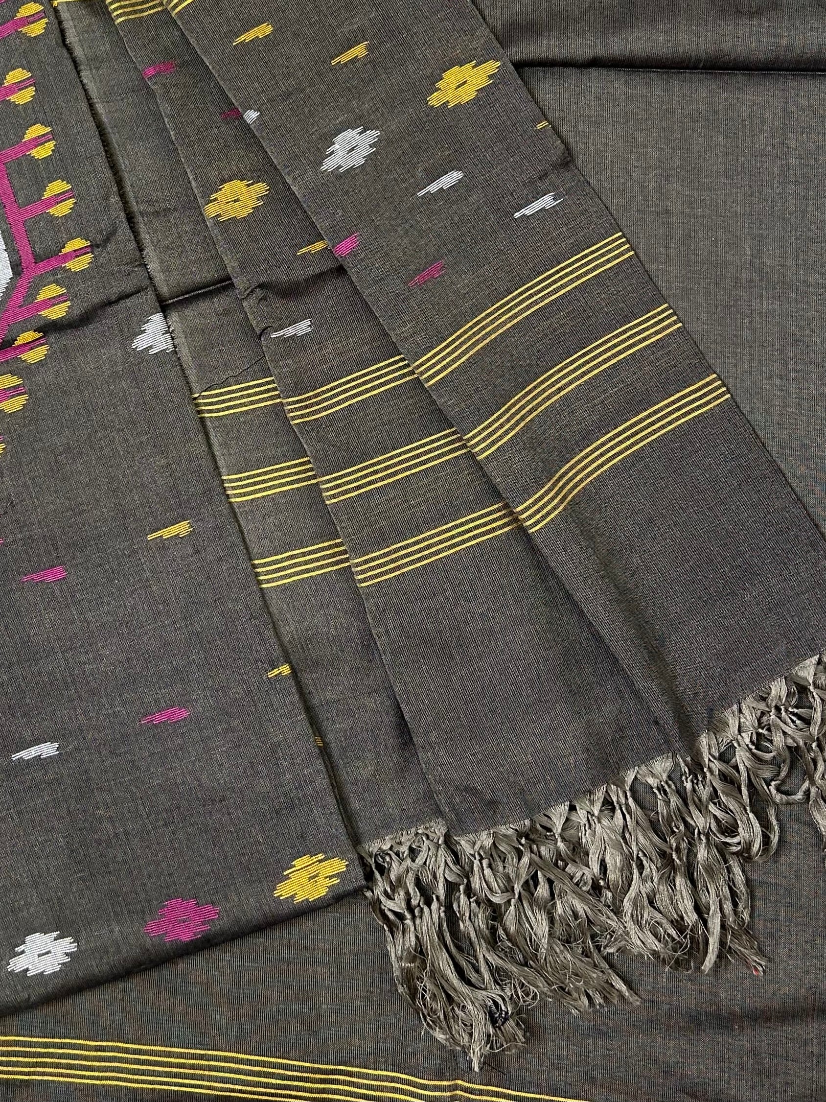 Shama Pure Cotton Jamdani 3 Piece Suit_Slate Grey