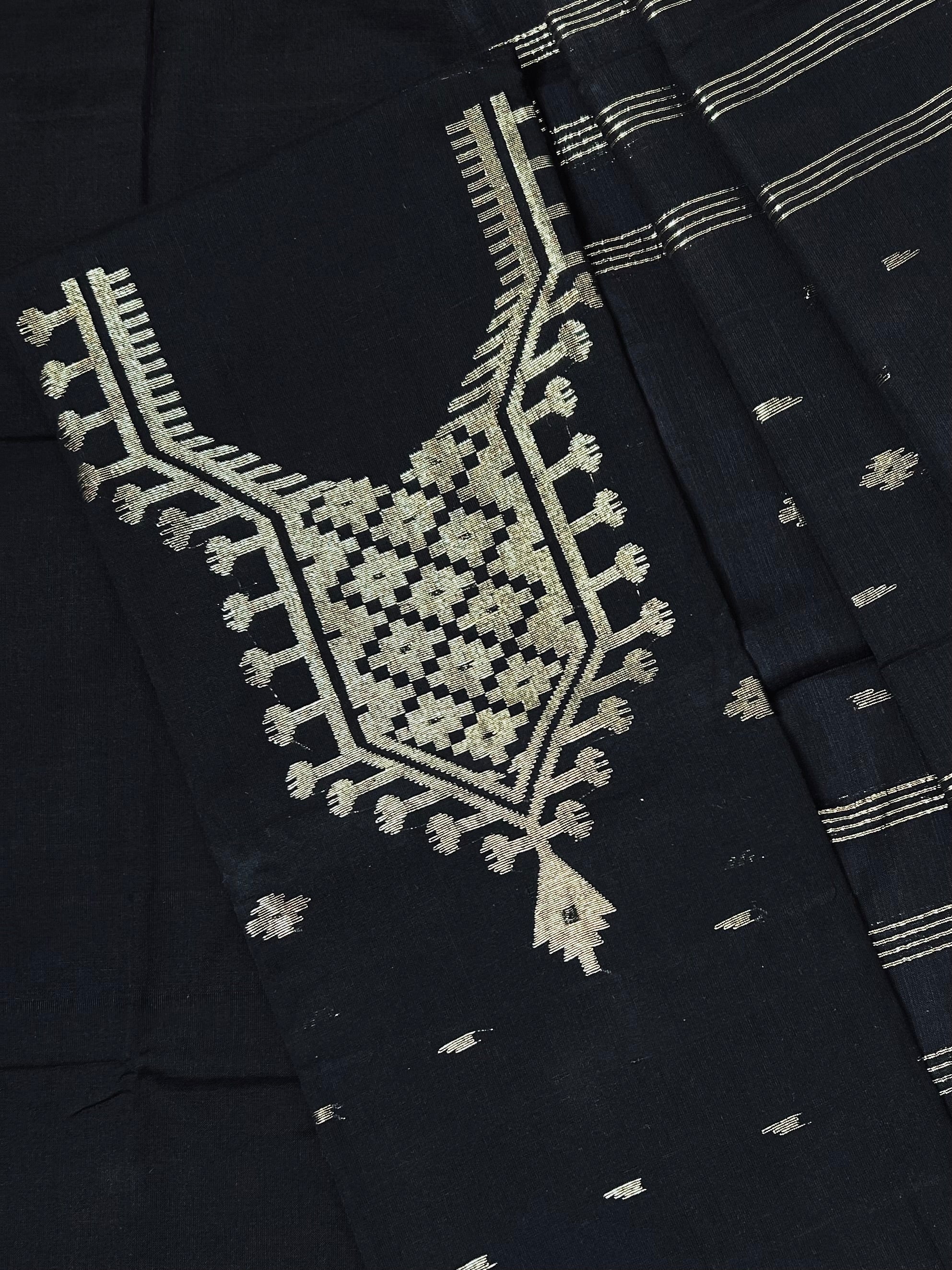 Shama Pure Cotton Jamdani 3 Piece Suit_Black