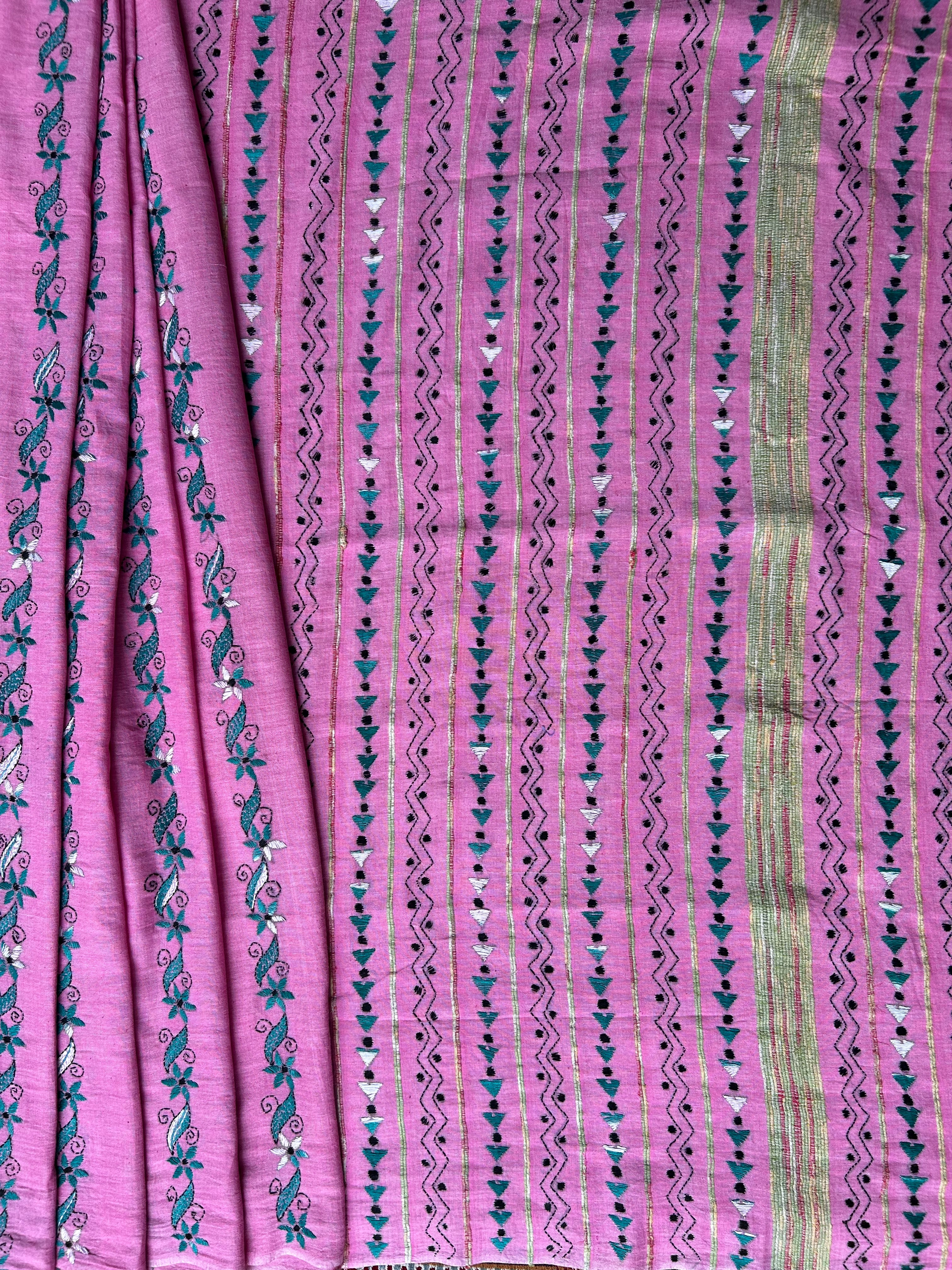 Vipas: Cotton Handloom Saree with Kantha Embroidery