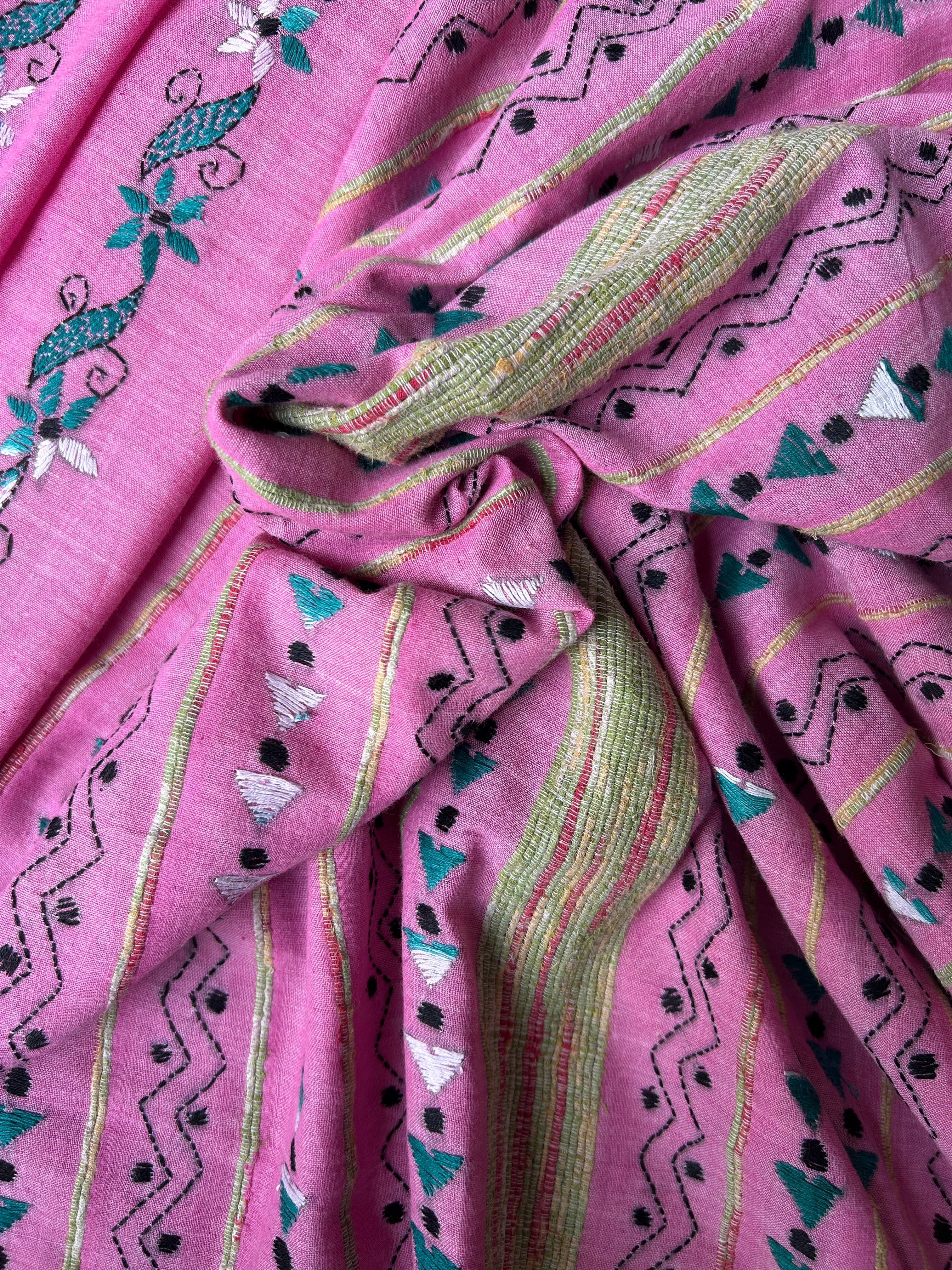 Vipas: Cotton Handloom Saree with Kantha Embroidery