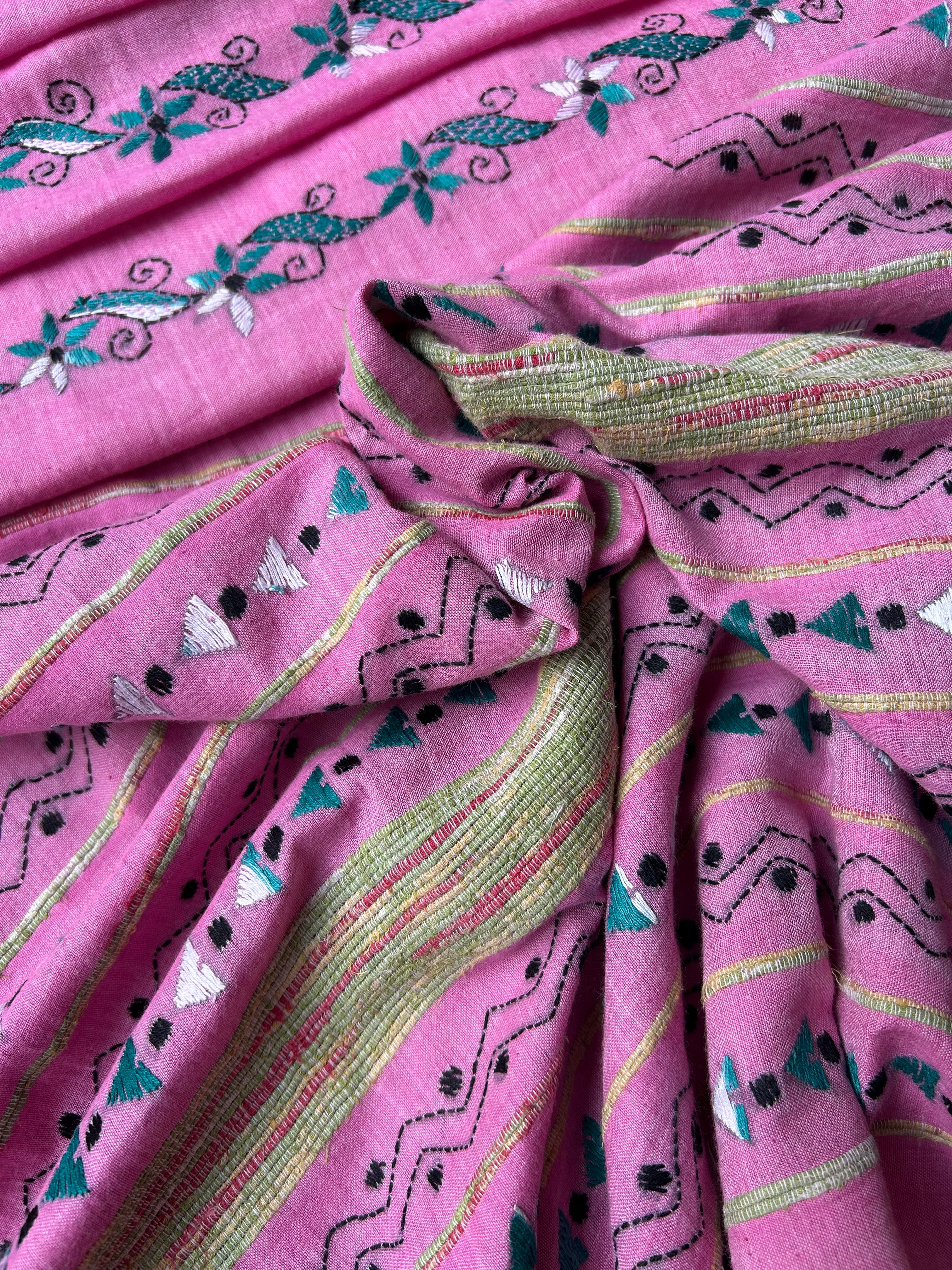 Vipas: Cotton Handloom Saree with Kantha Embroidery