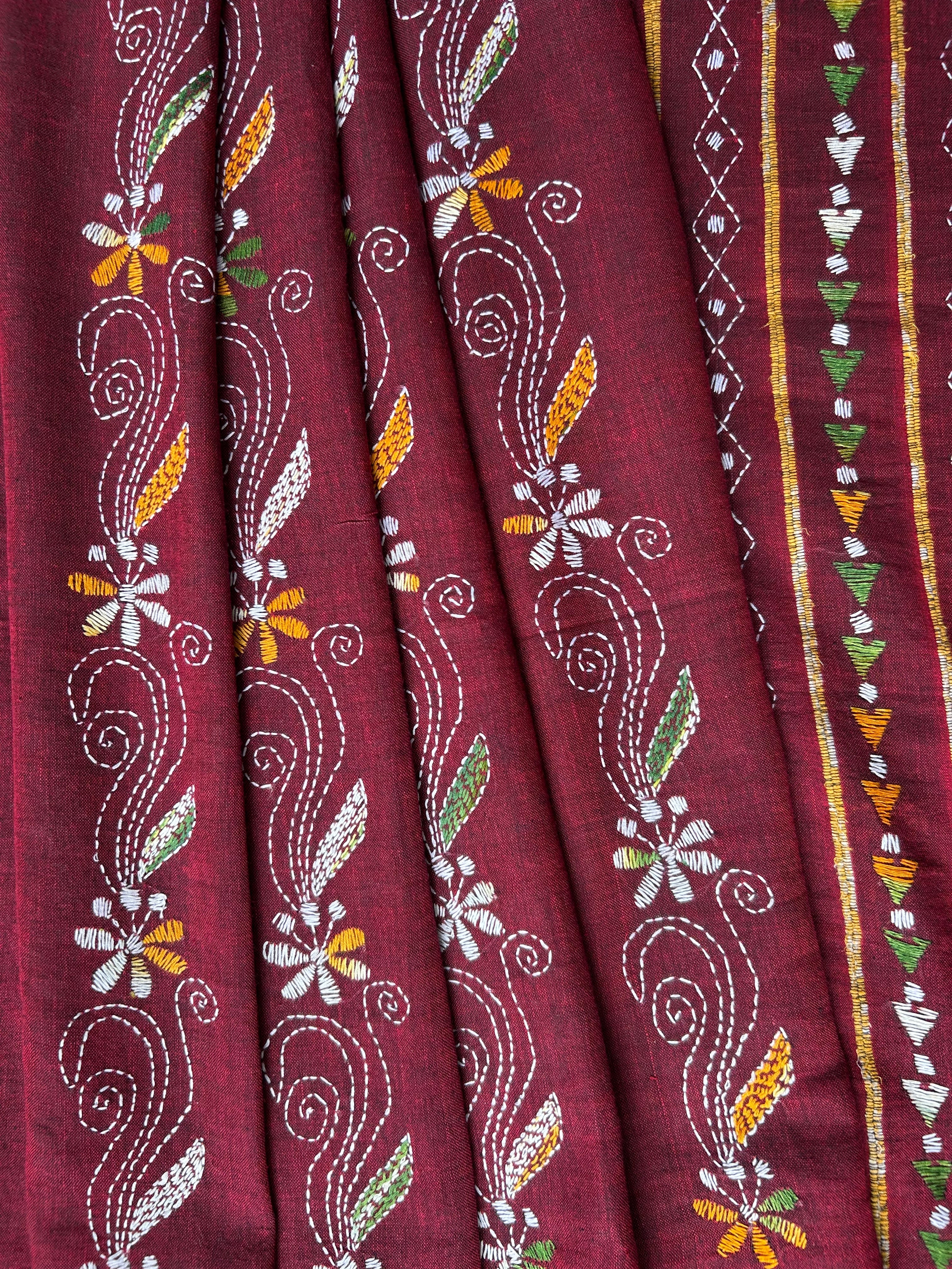 Vipas: Cotton Handloom Saree with Kantha Embroidery