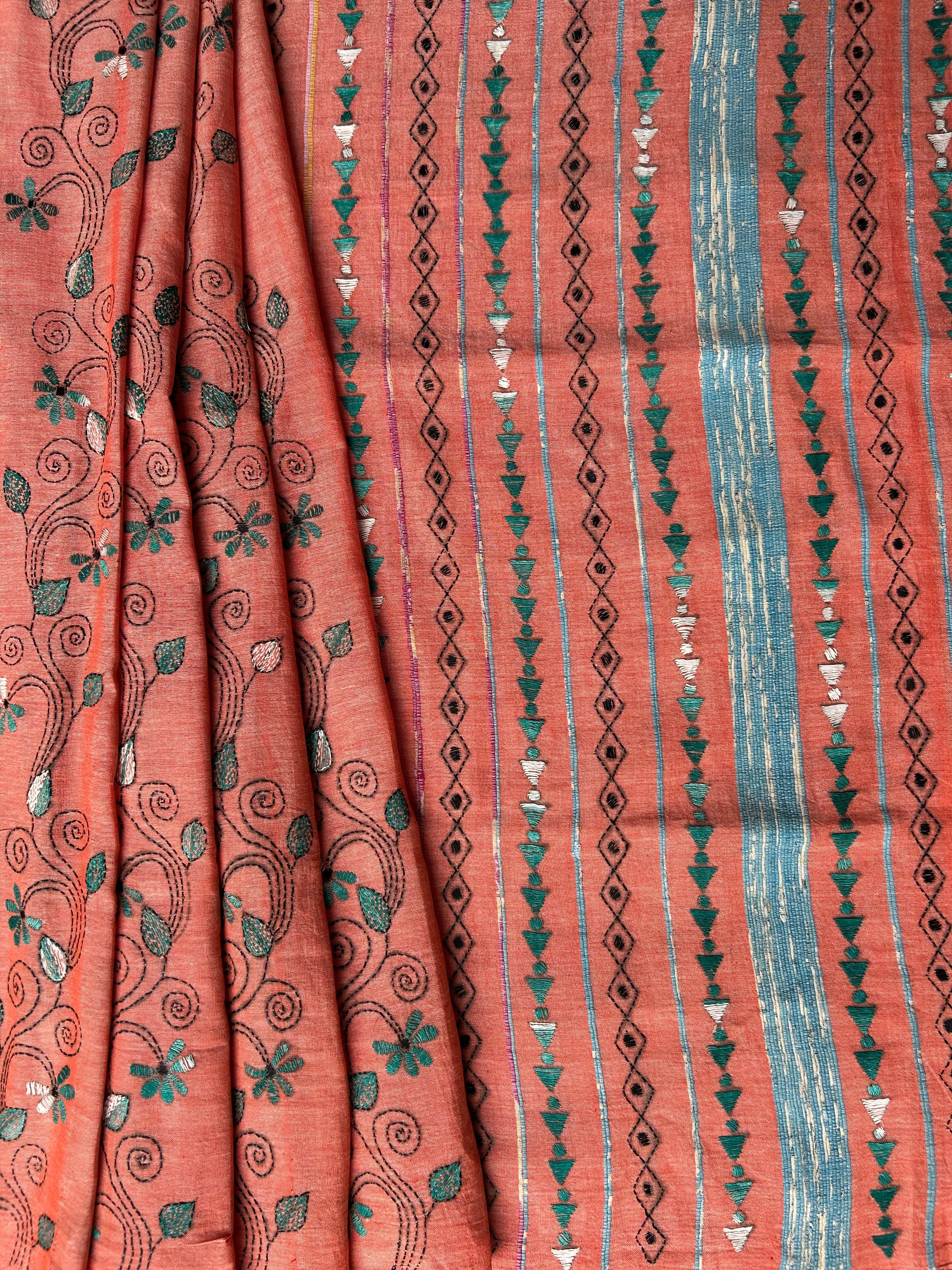 Vipas: Cotton Handloom Saree with Kantha Embroidery